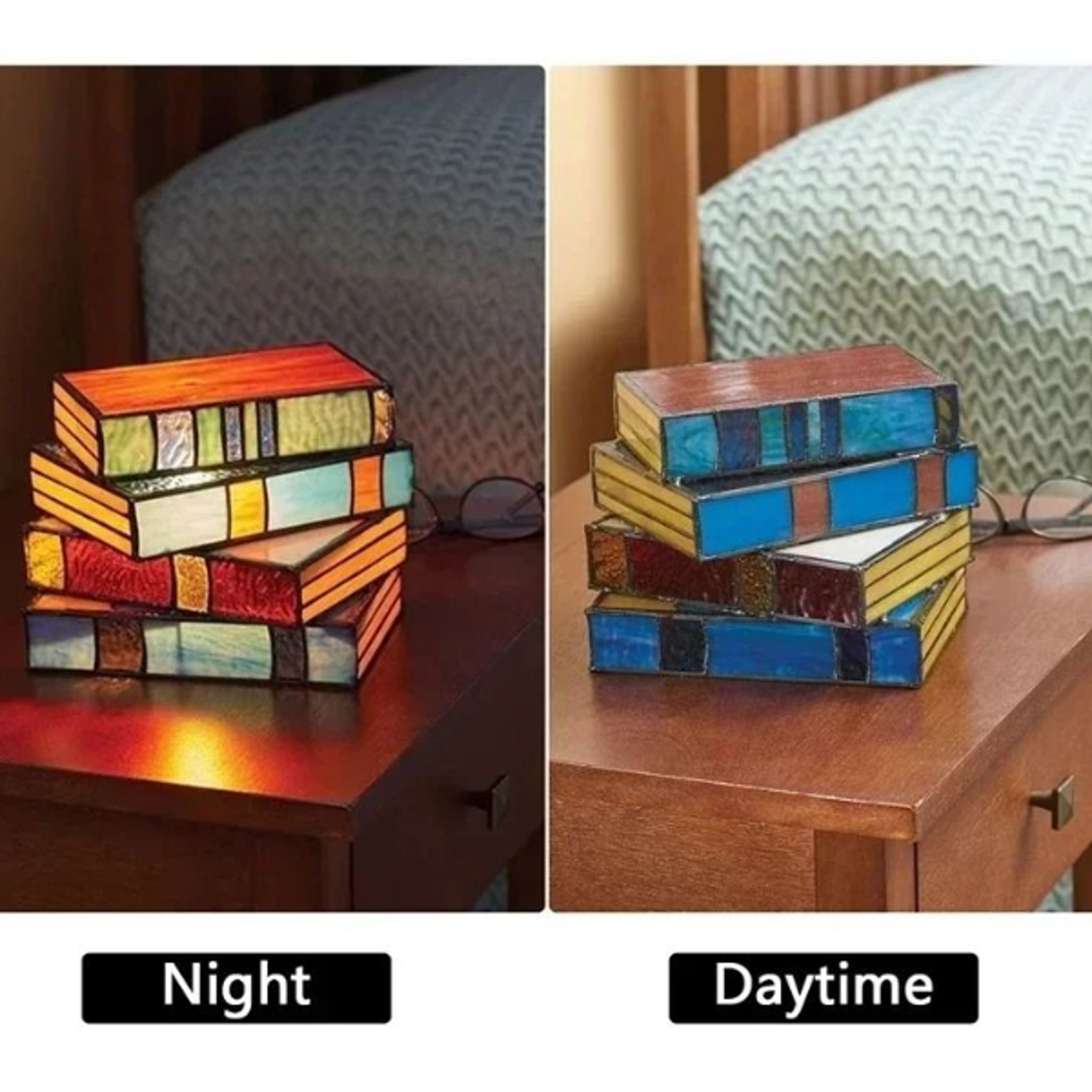 Stained Glass Stacked Books Lamp Elegant Night Light For Table Desk 4
