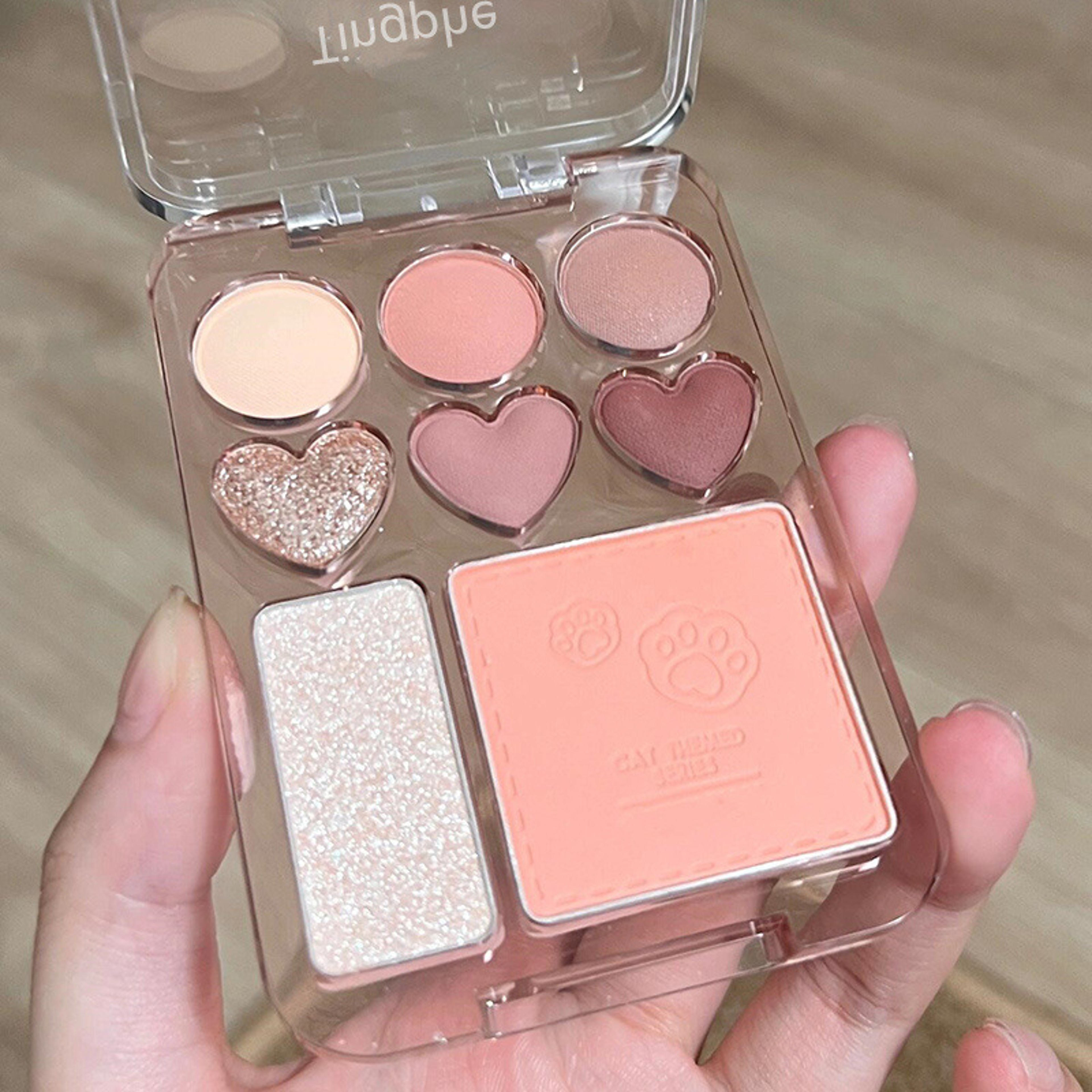 Heart-Shaped Color Pink Orange Eyeshadow Palette with Facial Blusher & Highlighter, Brightening, Lasting Eye Shadow – view 4