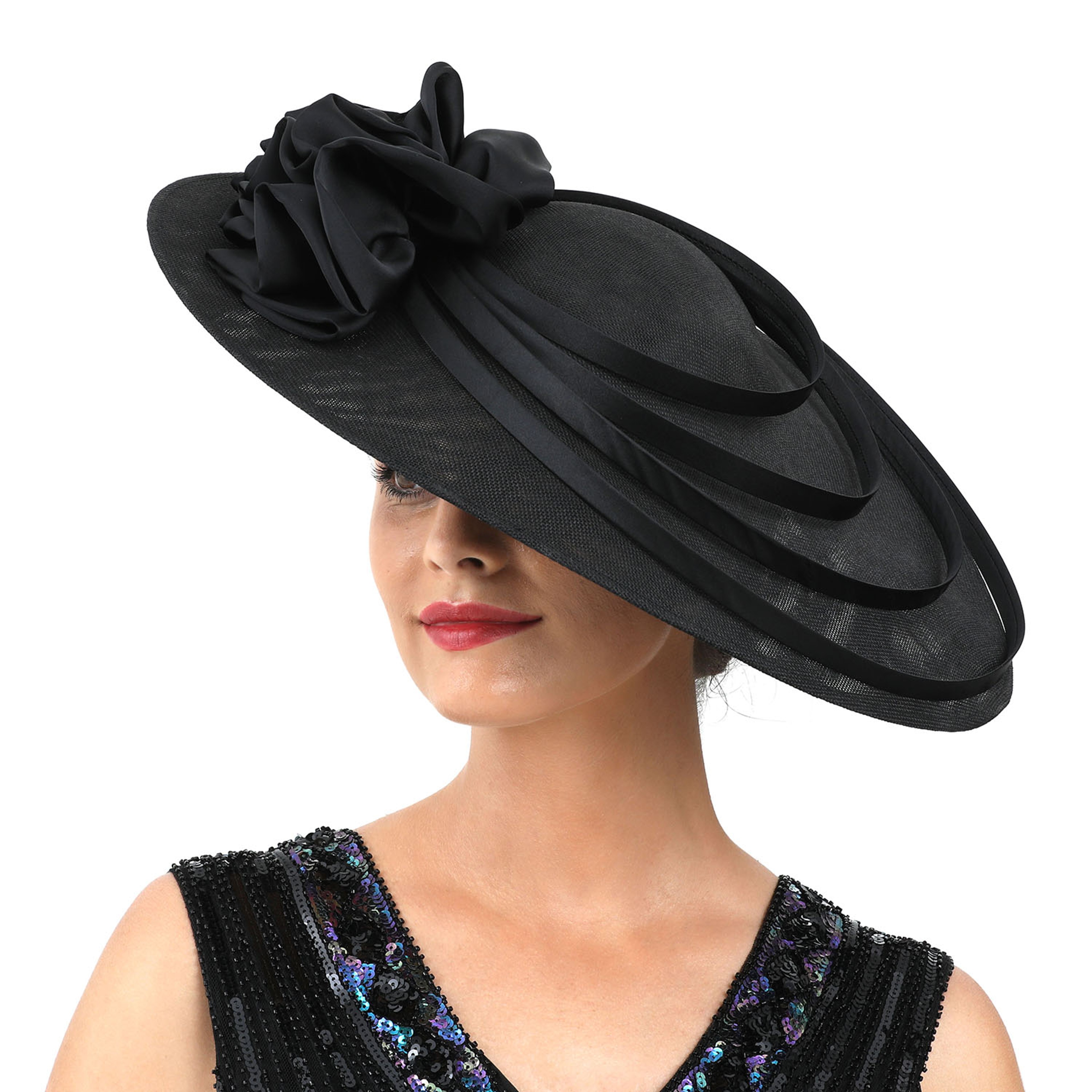 Kentucky Derby Hat Wedding Luxury, Black Large Flower Fascinator Sinamay Church Hat, Headband Hat Cocktail Tea Party – view 1