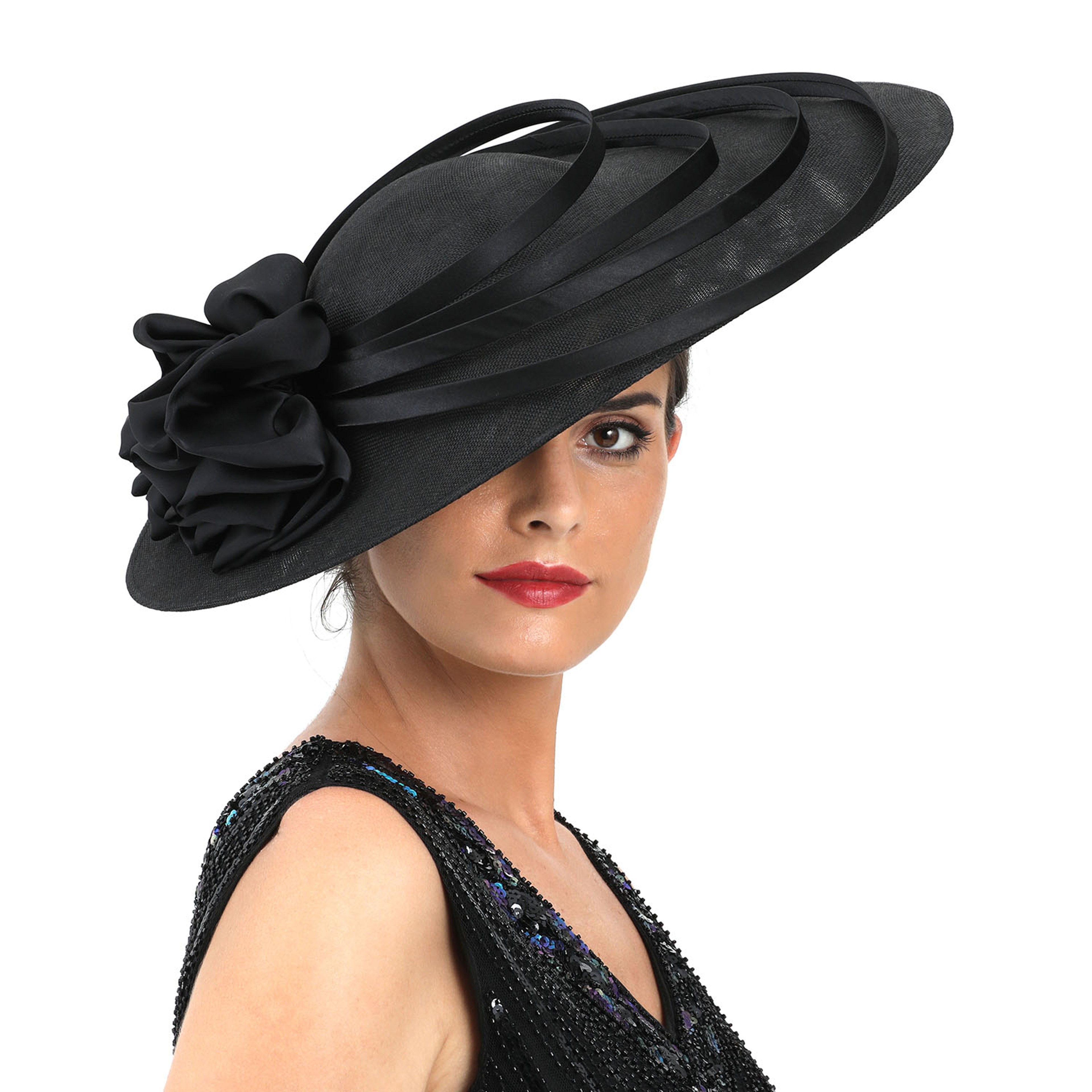 Kentucky Derby Hat Wedding Luxury, Black Large Flower Fascinator Sinamay Church Hat, Headband Hat Cocktail Tea Party – view 2