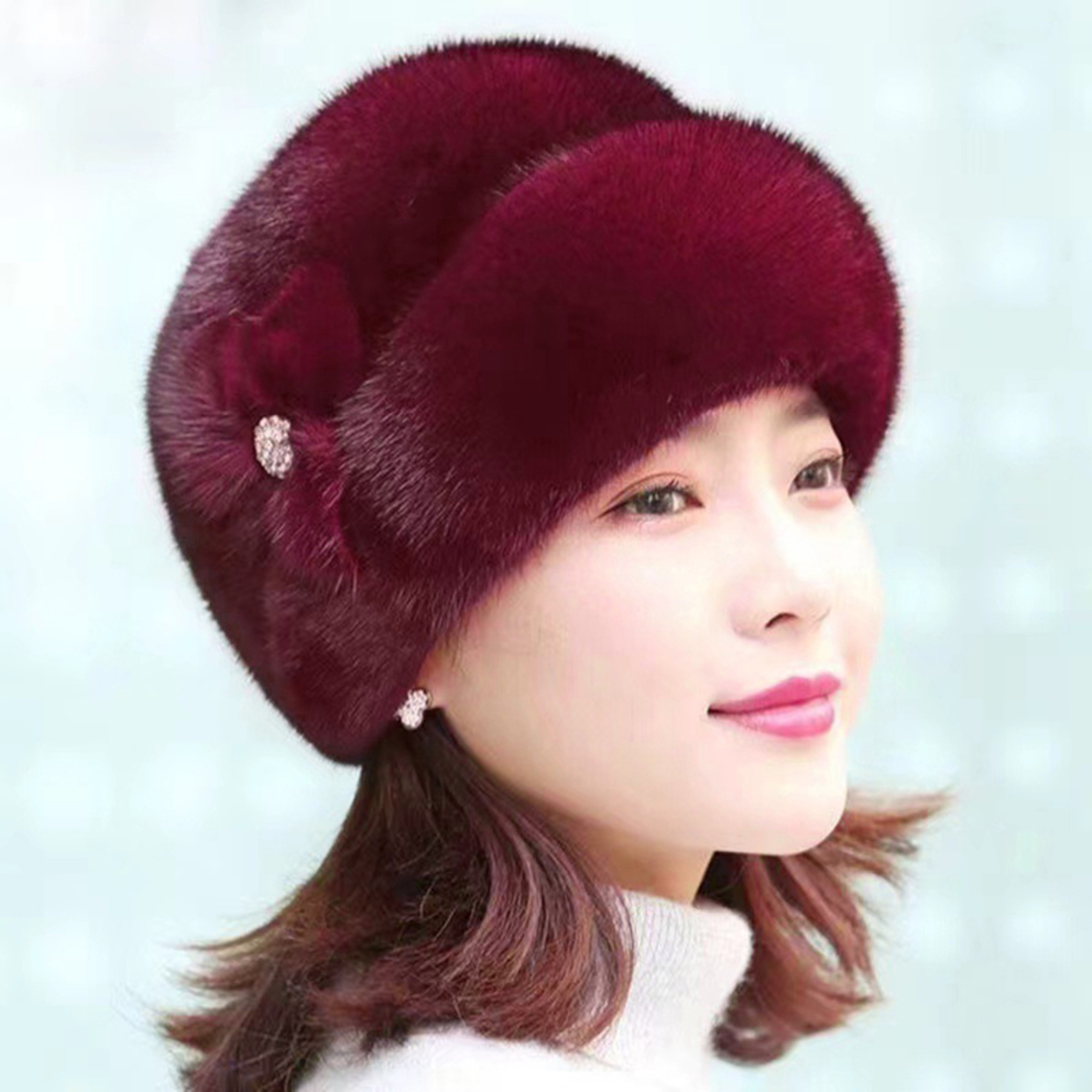 Thickened Warm Solid Color Women Winter Hat Russian Flower Decor Elegant Autumn Winter Thermal Cap