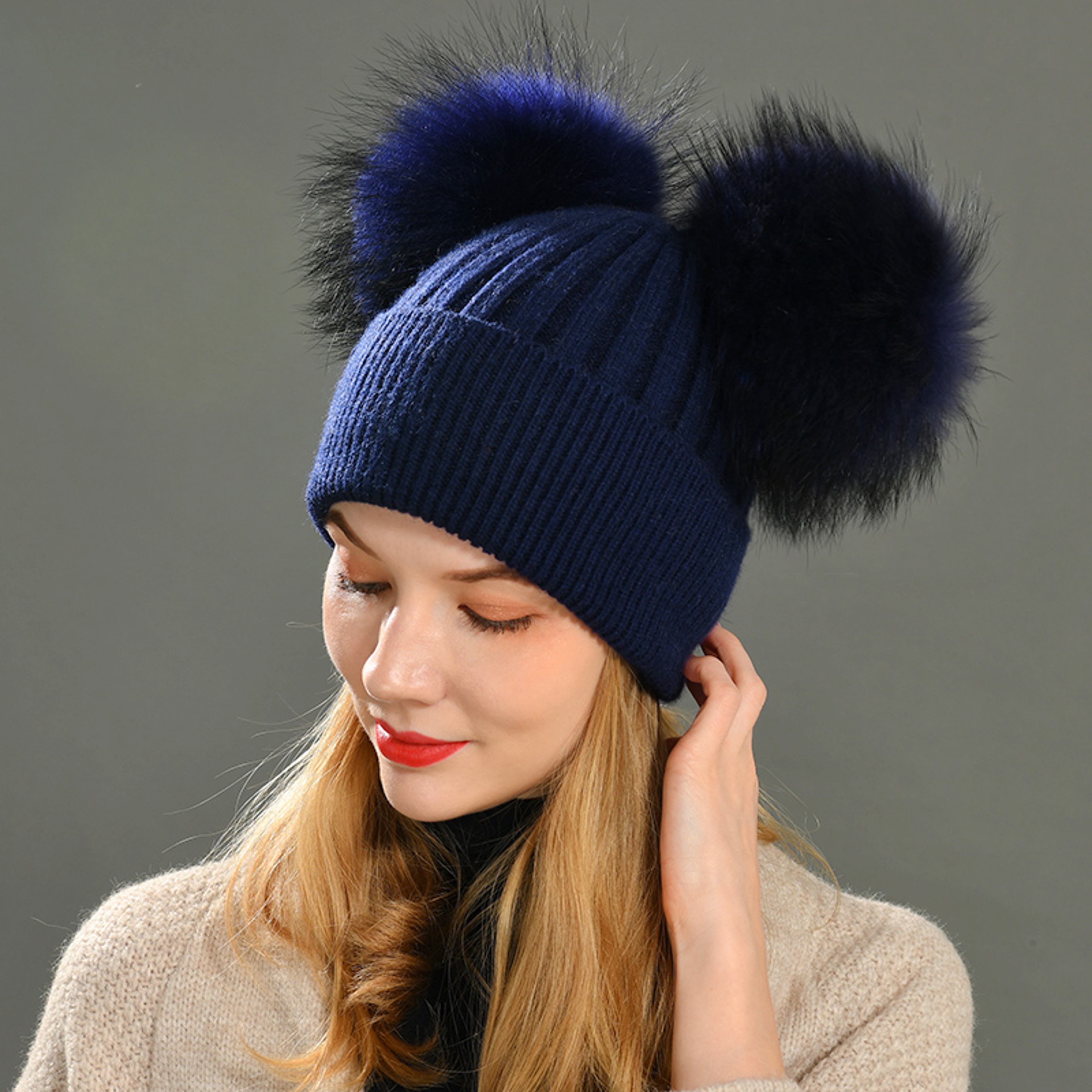 Women Winter Knitted Wool Hat, Double Real Raccoon Fur Pompom Beanie, Skullies Cap for Girls, Female Two Fur Pom Pom Hat – view 2