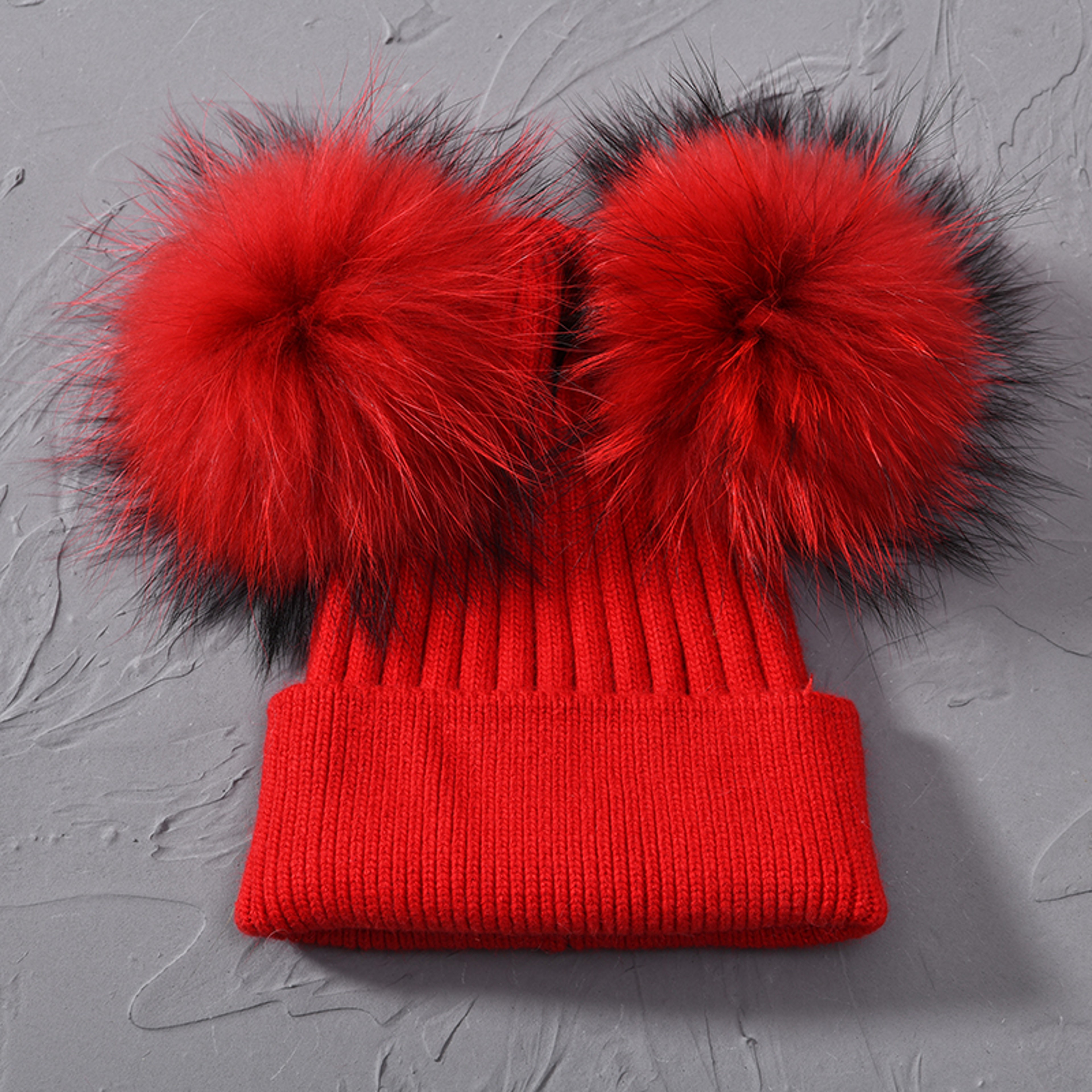 Women Winter Knitted Wool Hat, Double Real Raccoon Fur Pompom Beanie, Skullies Cap for Girls, Female Two Fur Pom Pom Hat – view 15