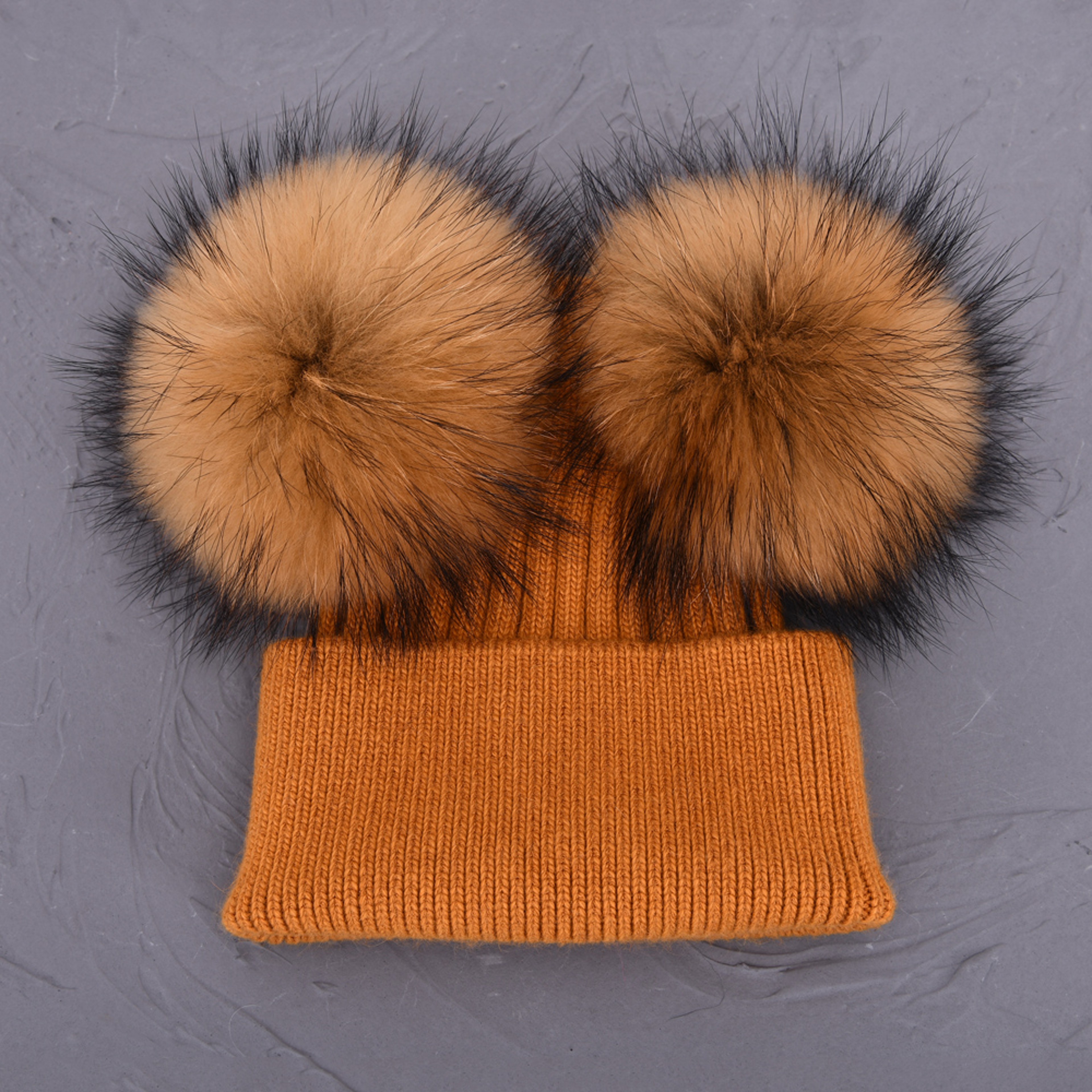 Women Winter Knitted Wool Hat, Double Real Raccoon Fur Pompom Beanie, Skullies Cap for Girls, Female Two Fur Pom Pom Hat – view 18