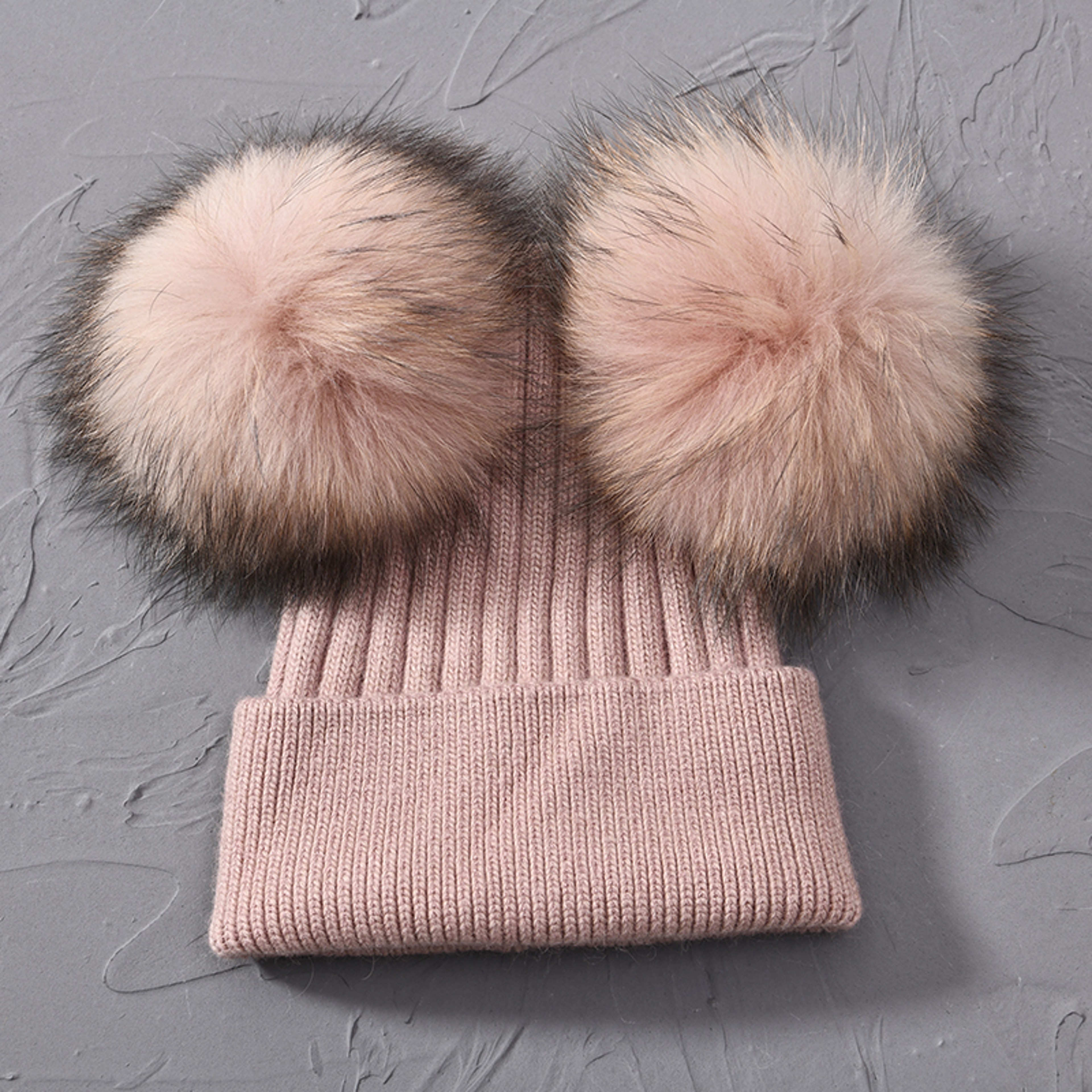 Women Winter Knitted Wool Hat, Double Real Raccoon Fur Pompom Beanie, Skullies Cap for Girls, Female Two Fur Pom Pom Hat – view 21