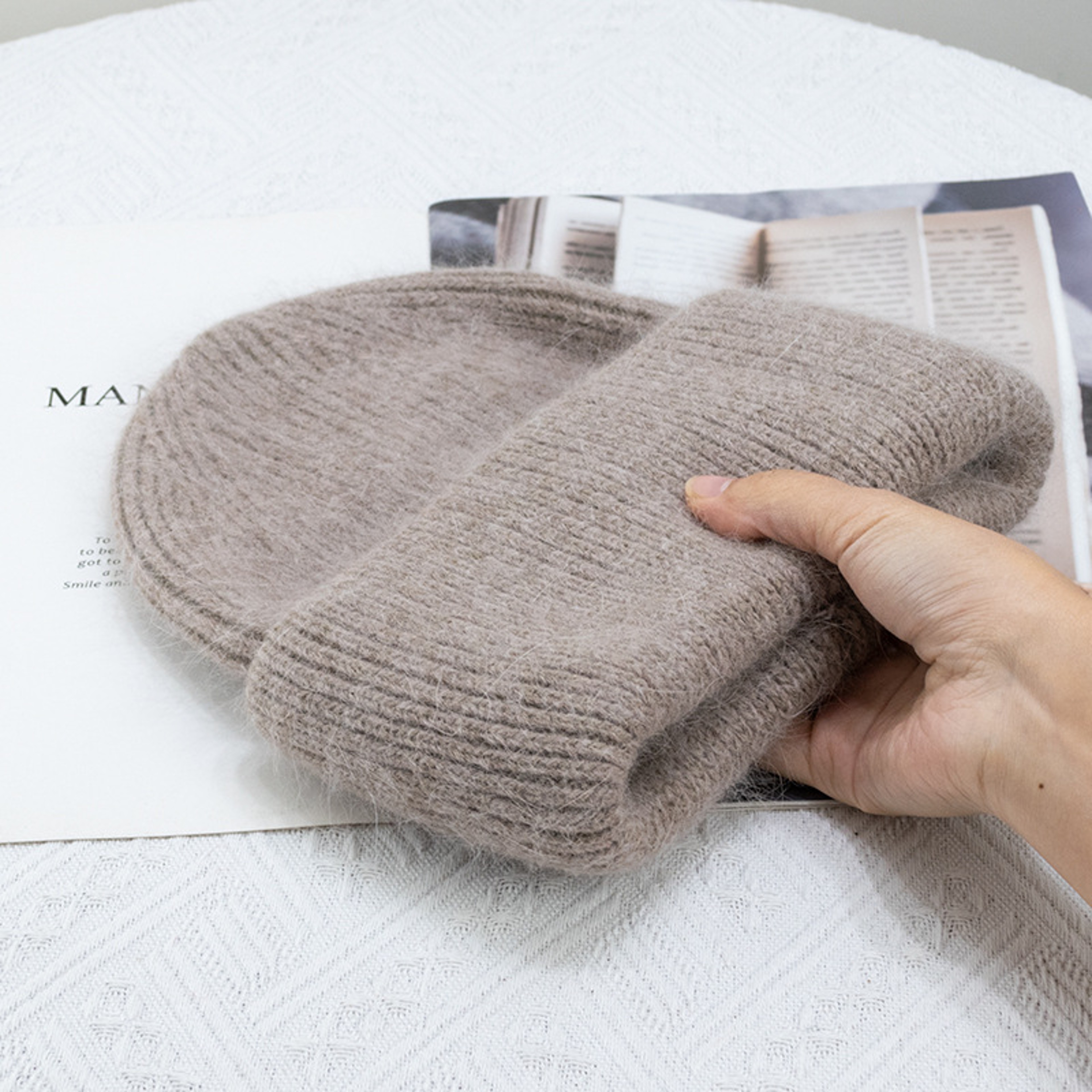 Rabbit Fur Winter Knitted Beanies Fashion Warm Cashmere Wool Skullies Angola Women Cap Female Three 6