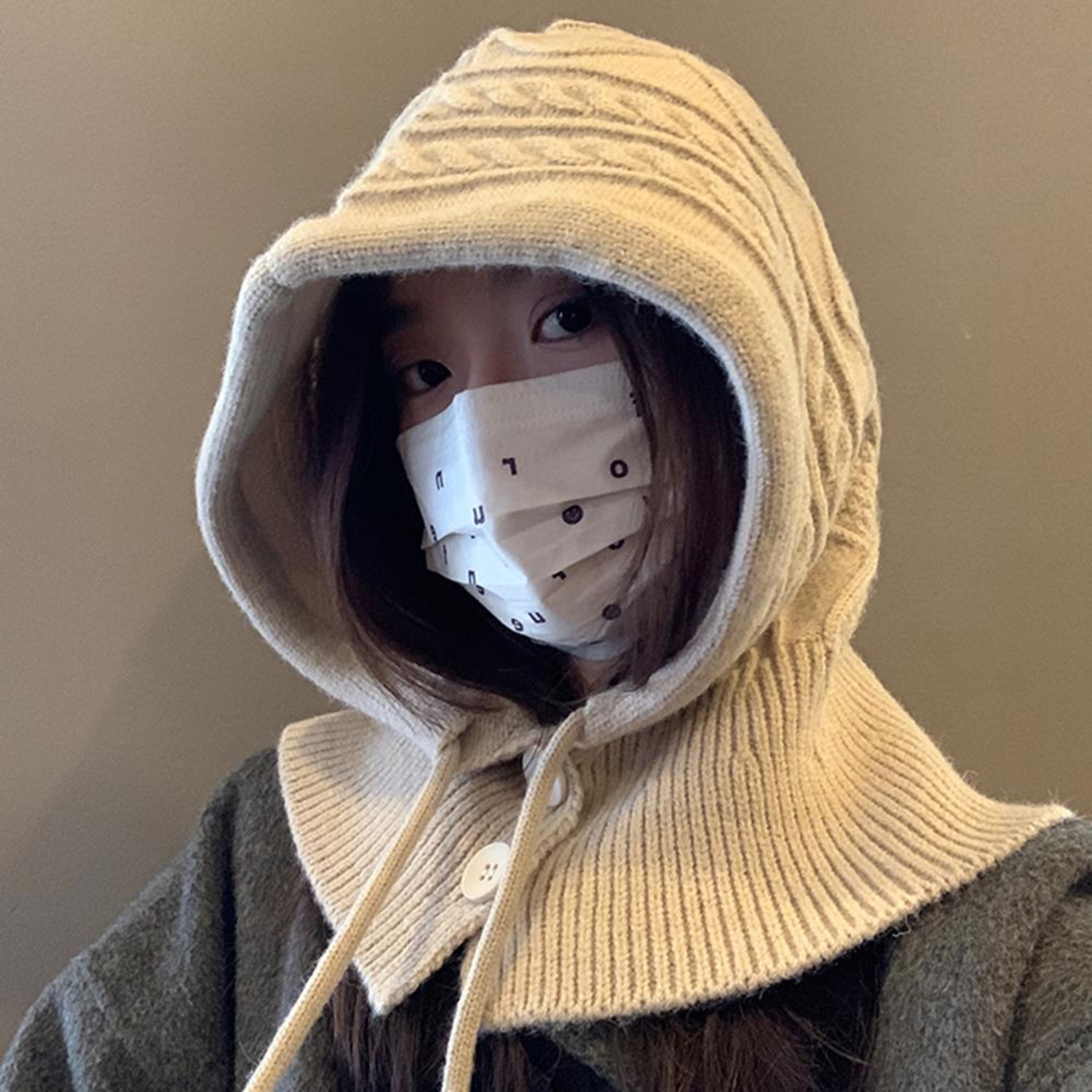 For Women Hooded Caps, New Knitted Balaclava Hats, Outdoor Winter Warmer, Drawstring Hat, One-Piece Neck Collar Cycling – view 6