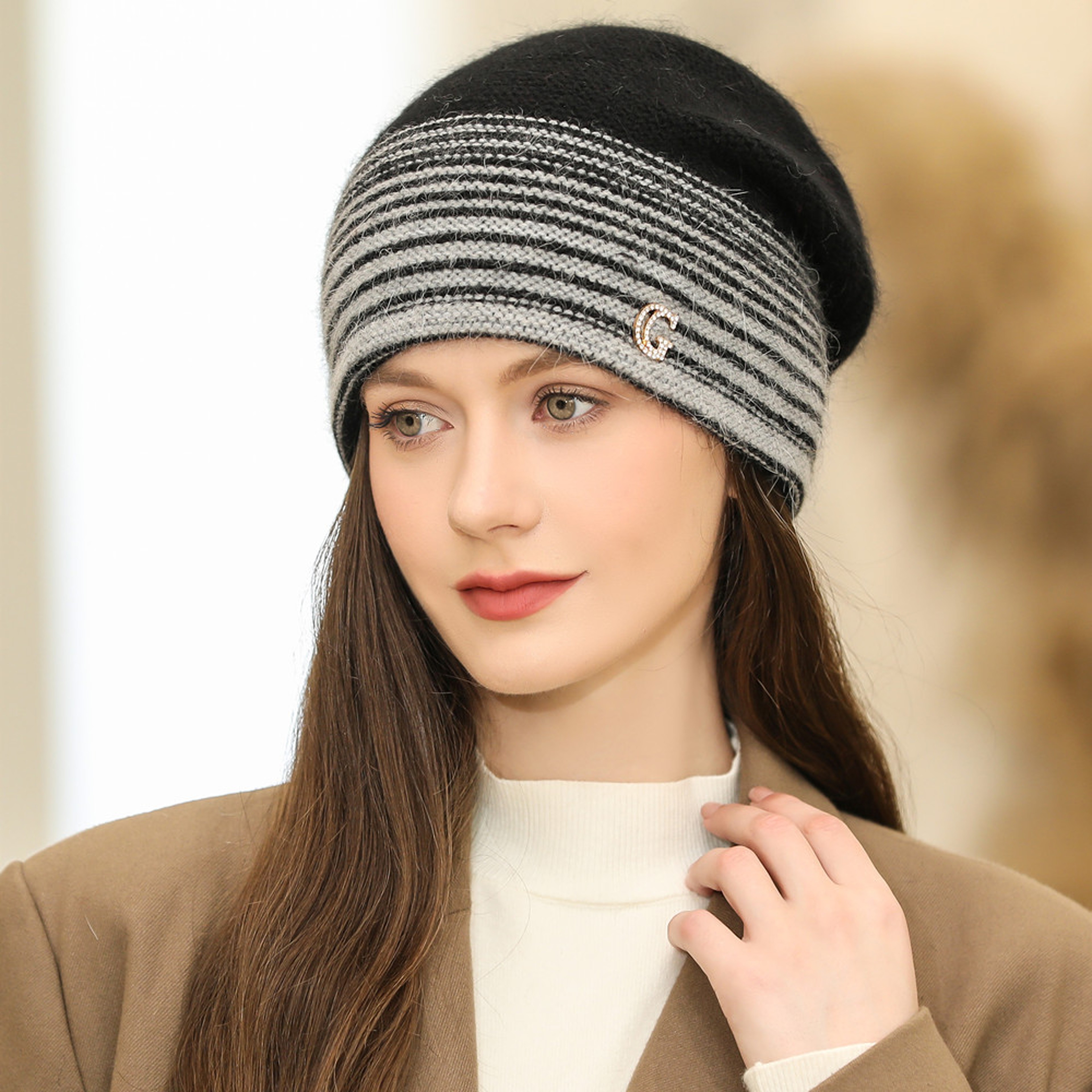 Rabbit Fur Blend Warm Beanie Women Winter Knitted Hat YZK G Letter Streetwear Beanie For Female 0