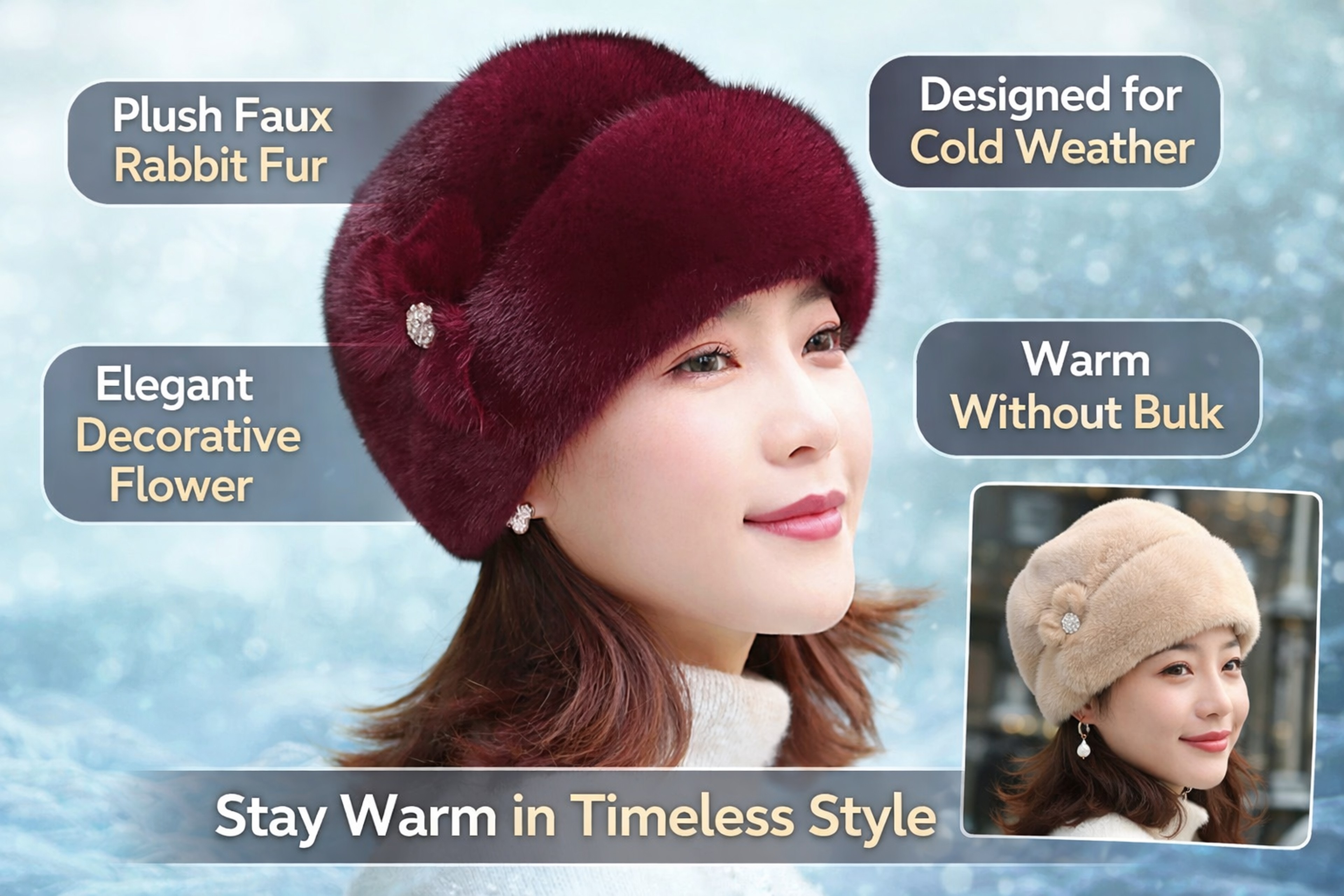 Thickened Warm Solid Color Women Winter Hat, Russian Flower Decor, Elegant Autumn Winter Thermal Cap For Outdoor – view 11