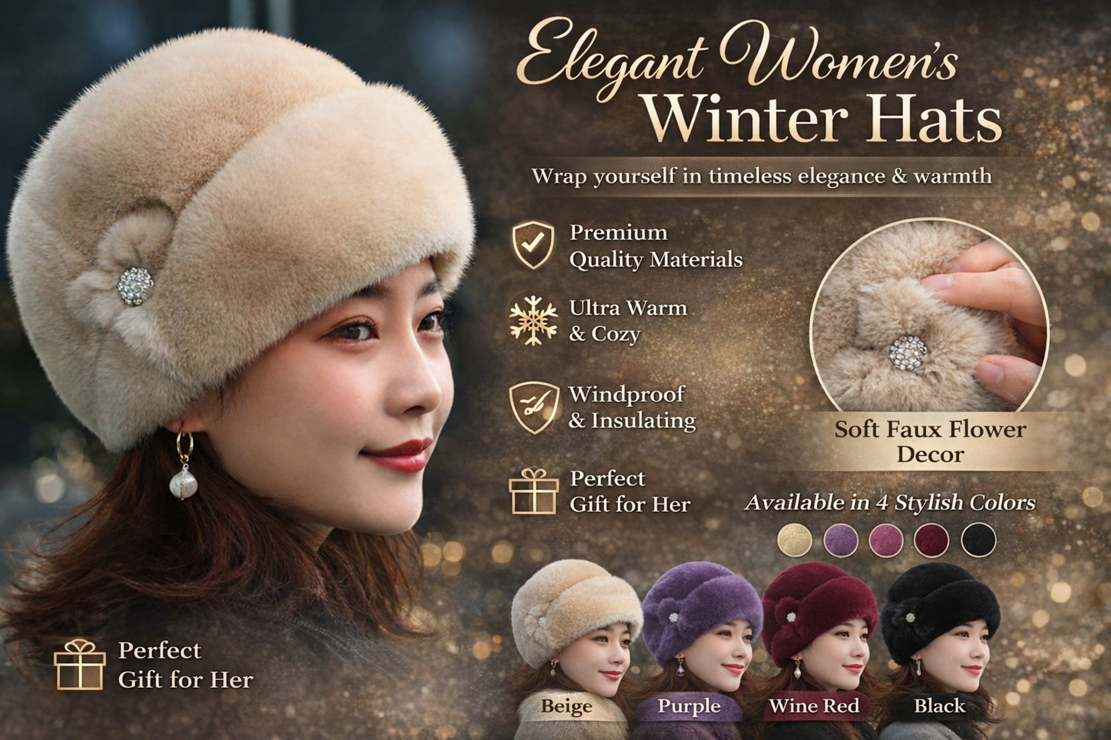 Thickened Warm Solid Color Women Winter Hat, Russian Flower Decor, Elegant Autumn Winter Thermal Cap For Outdoor – view 12