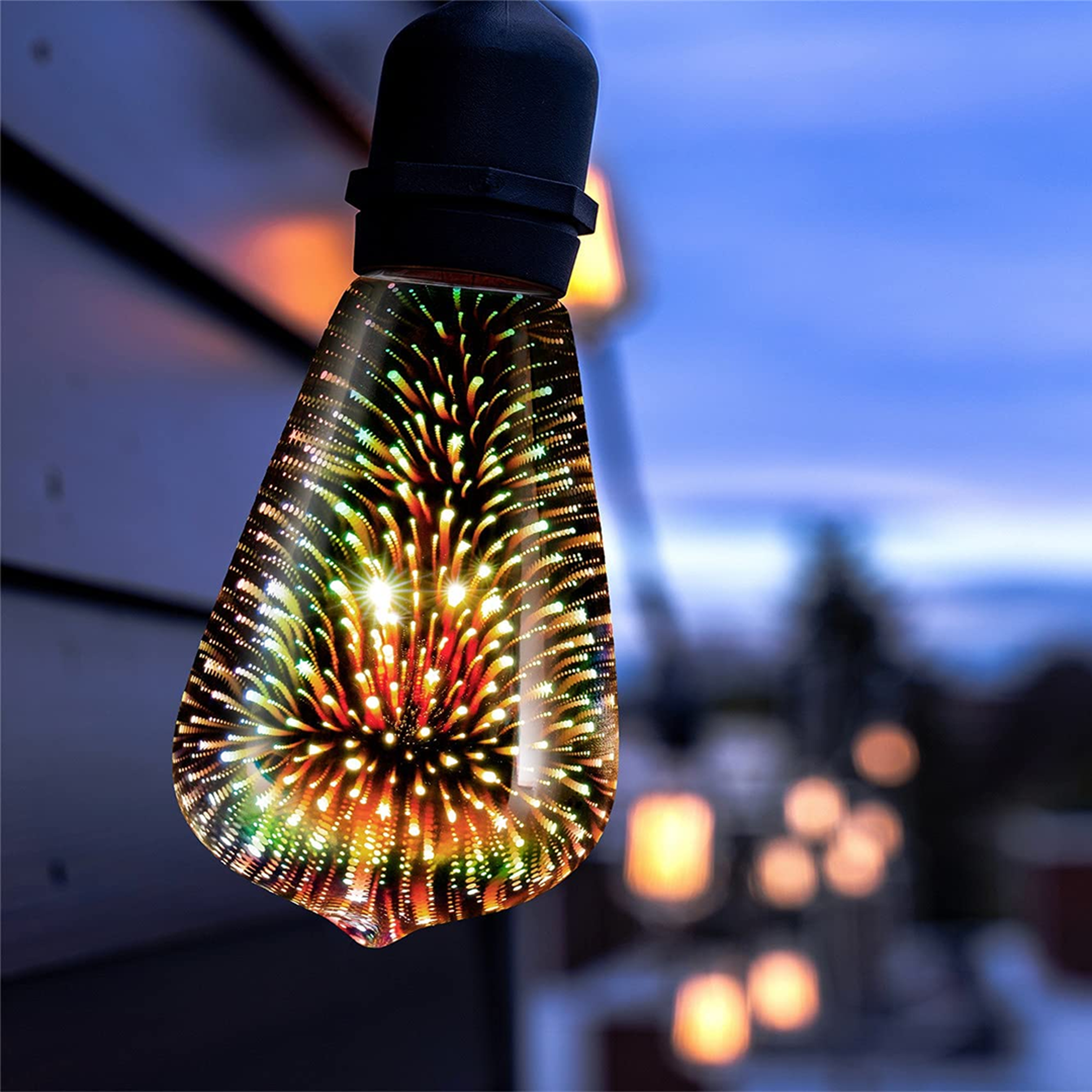Firework light bulb emitting vibrant colors and galaxy visuals