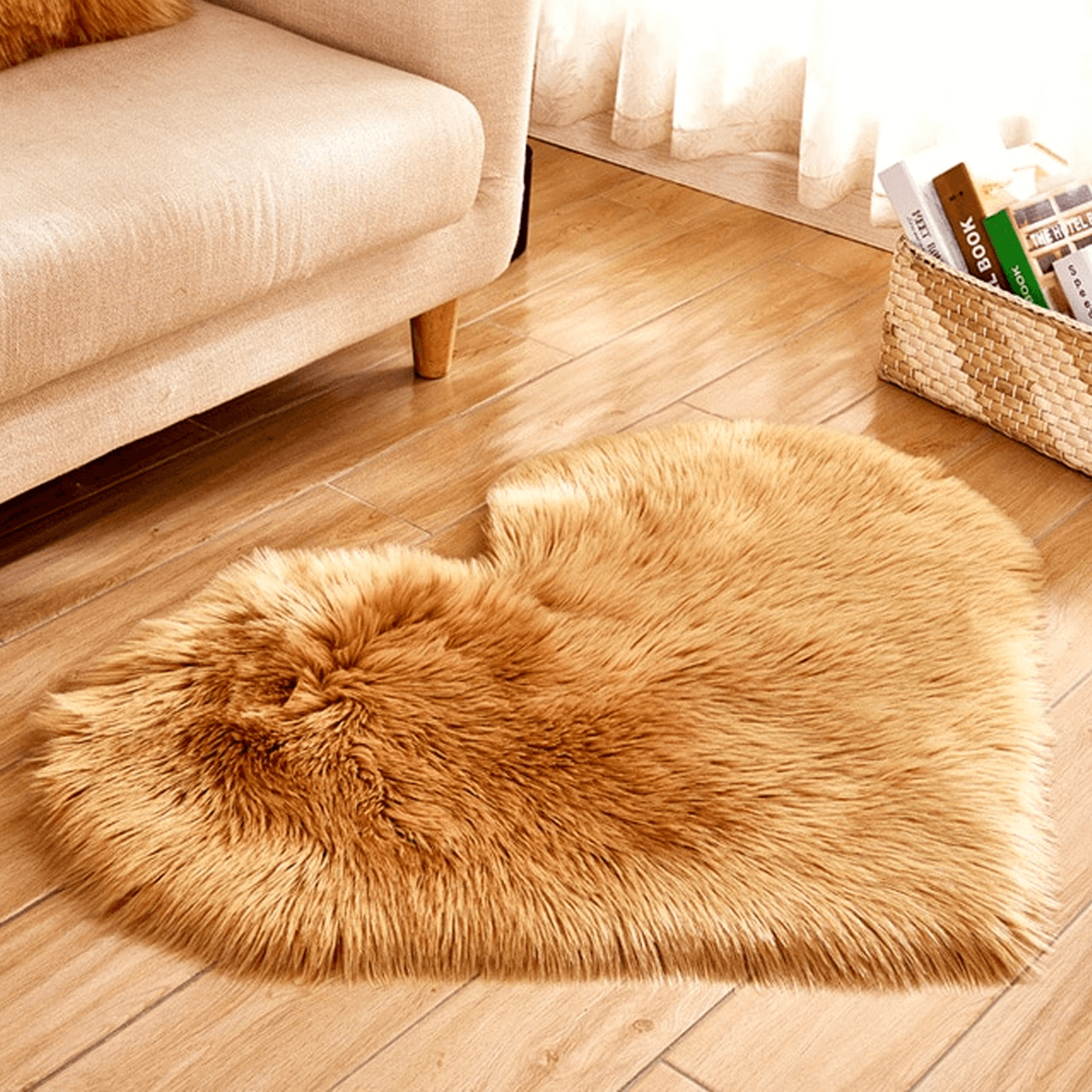 Heart Shaped Area Rug, Plush Faux-Fur Carpet For Living Room & Bedroom, Home Decor khakhi