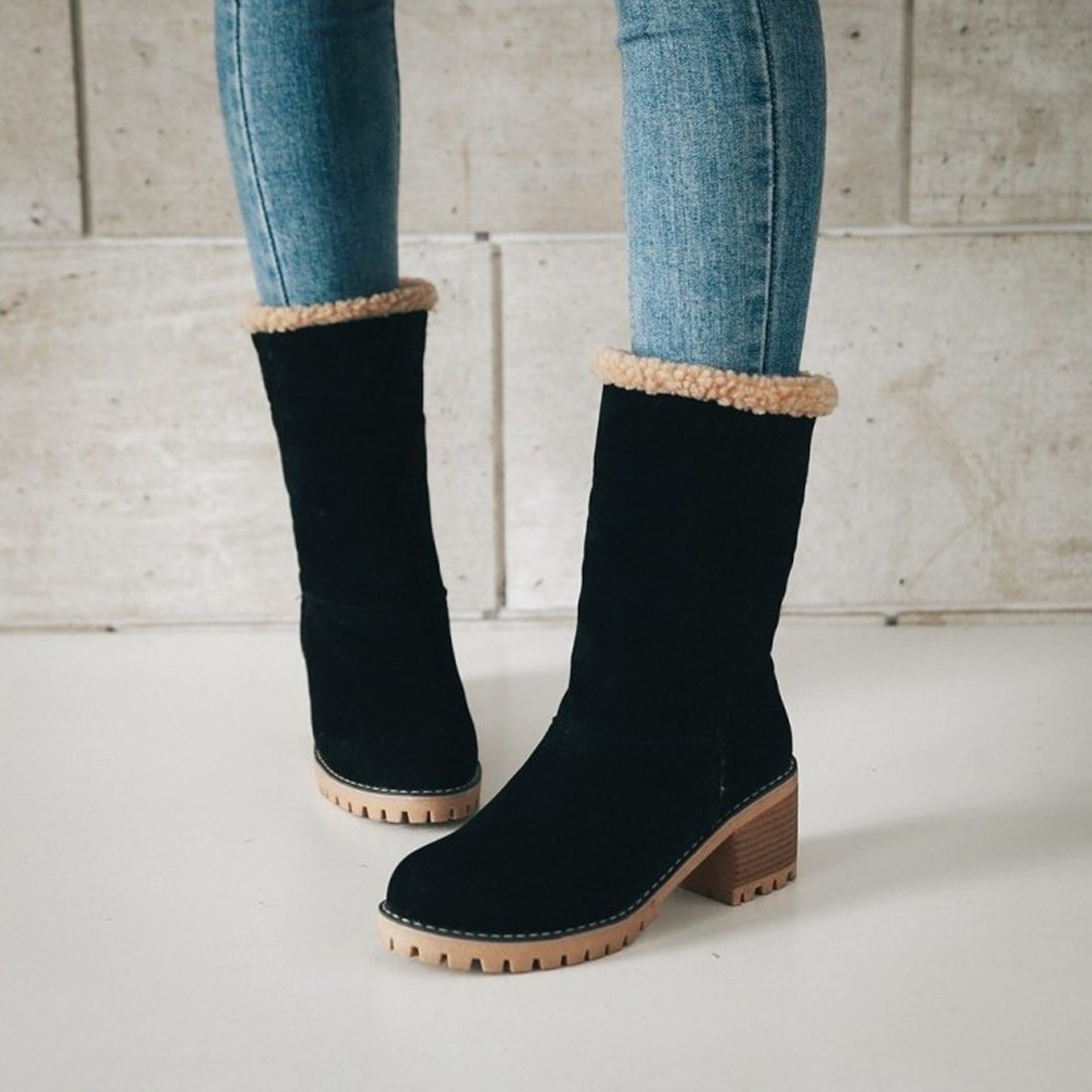 Women's Classy Block Heel Snow Boots Black