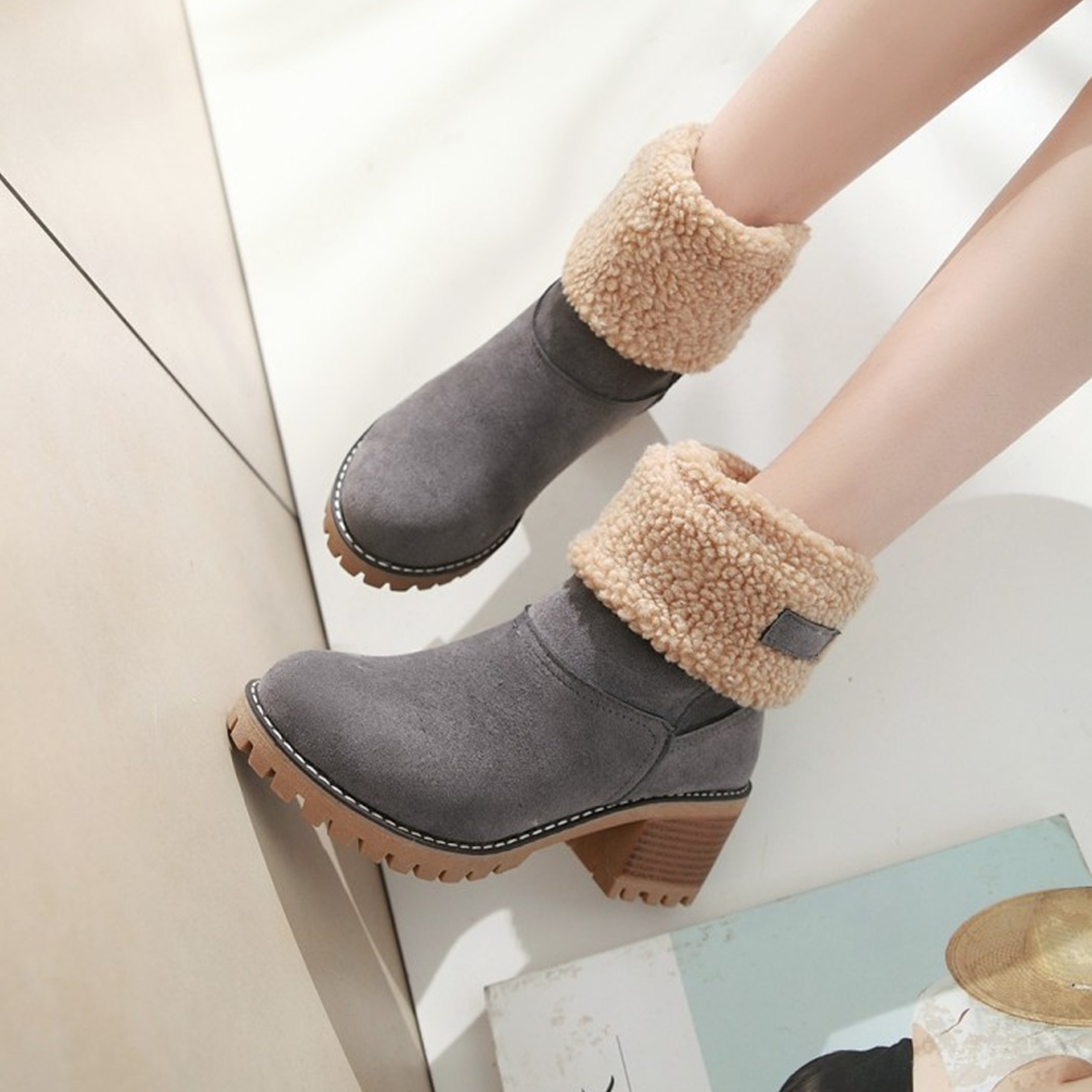 Women's Classy Block Heel Snow Boots Stone Gray