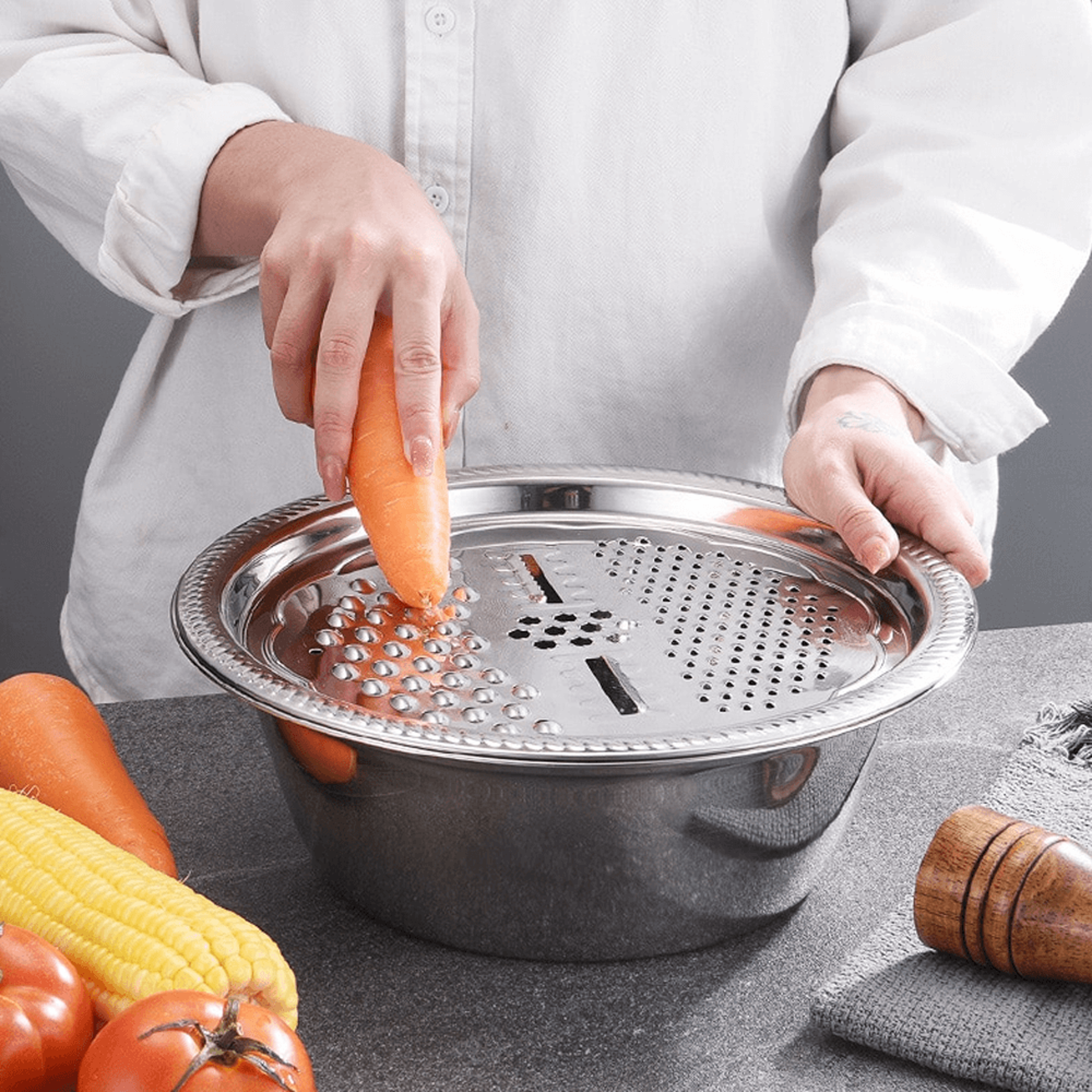 Multifunctional Stainless Steel Drain Basket | Vegetable Slicer Grater For Kitchen| 3 In 1 Cheese Grater Drain Basin1