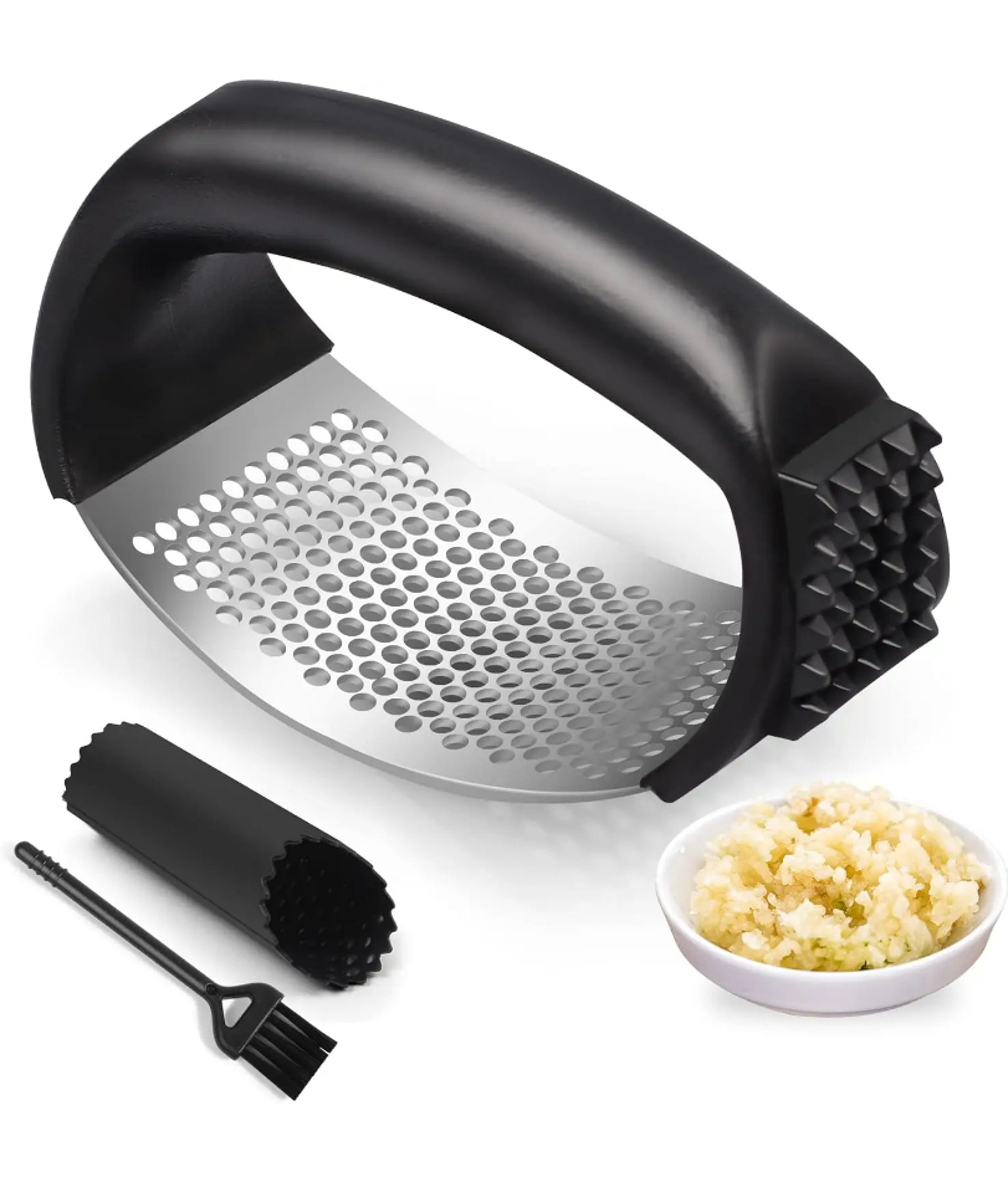 Stainless Steel Garlic Press Rocker Easy Squeeze Mincer With Peeler  Cleaning Brush 0
