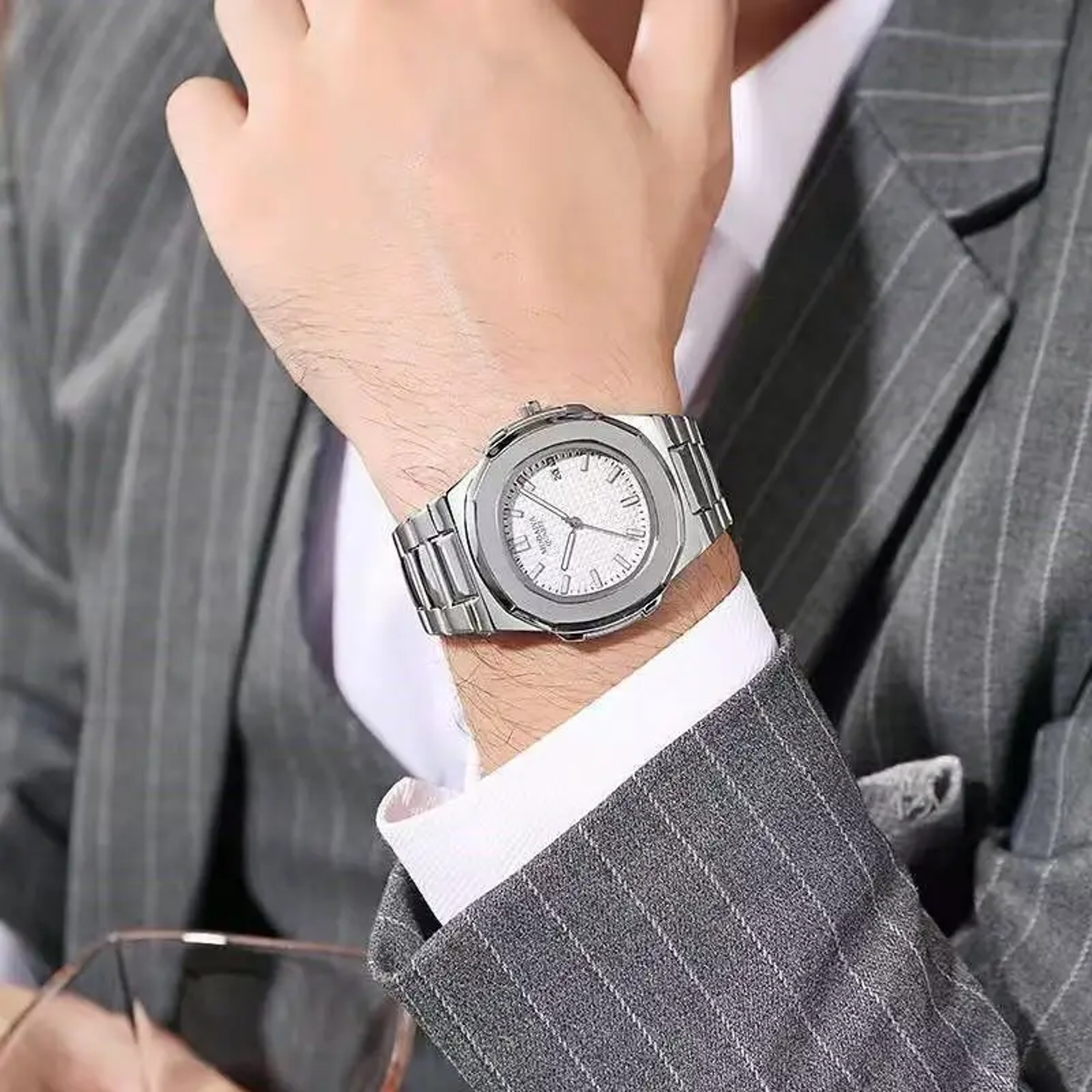 Luxury Quartz Wrist Watch For Men Big Dial Stainless Steel Calendar Watch Classic Silver Fashion Wa 2
