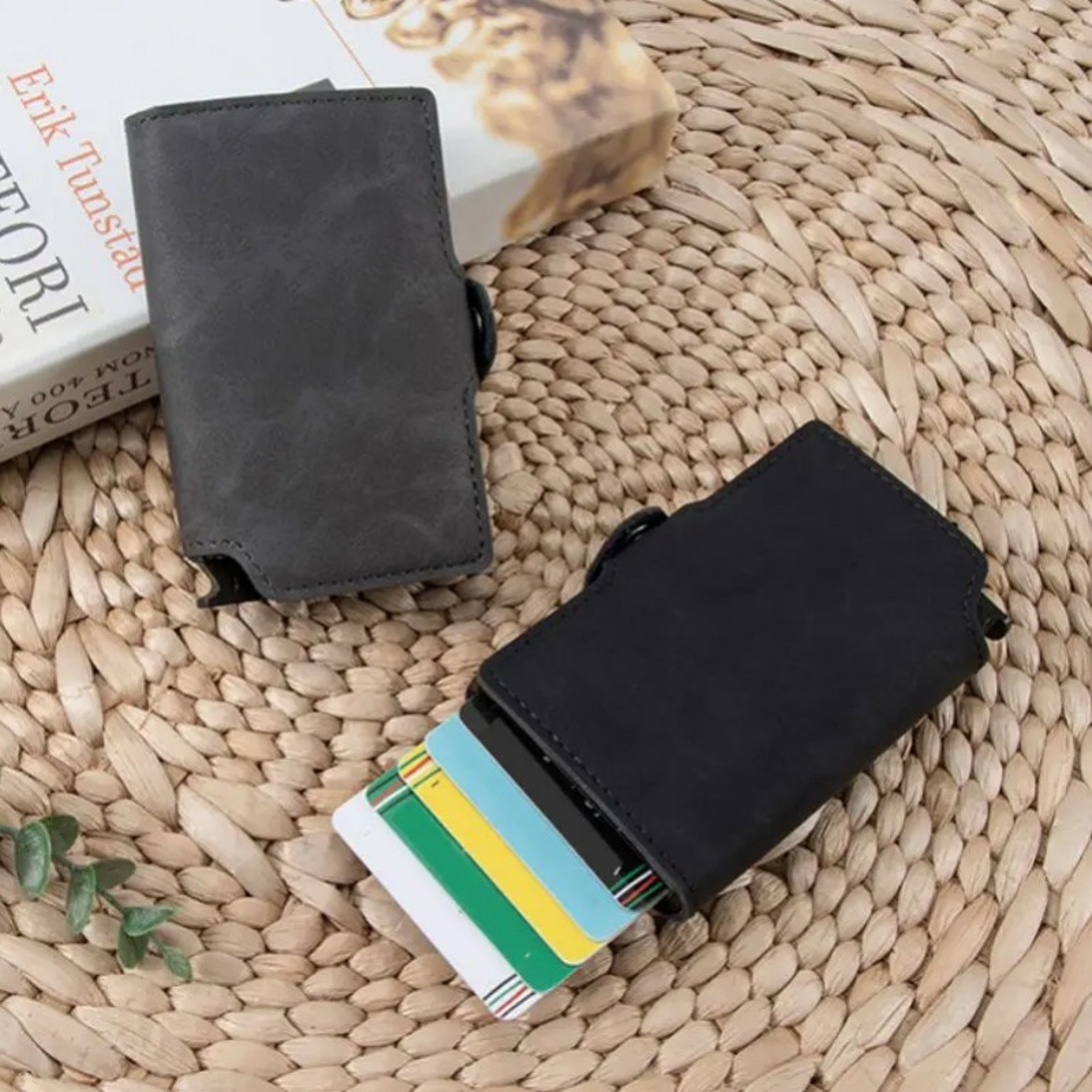 Split Leather Slim Card Holder Wallet With RFID Blocking  Money Clip Minimalist Pop Up Credit Card