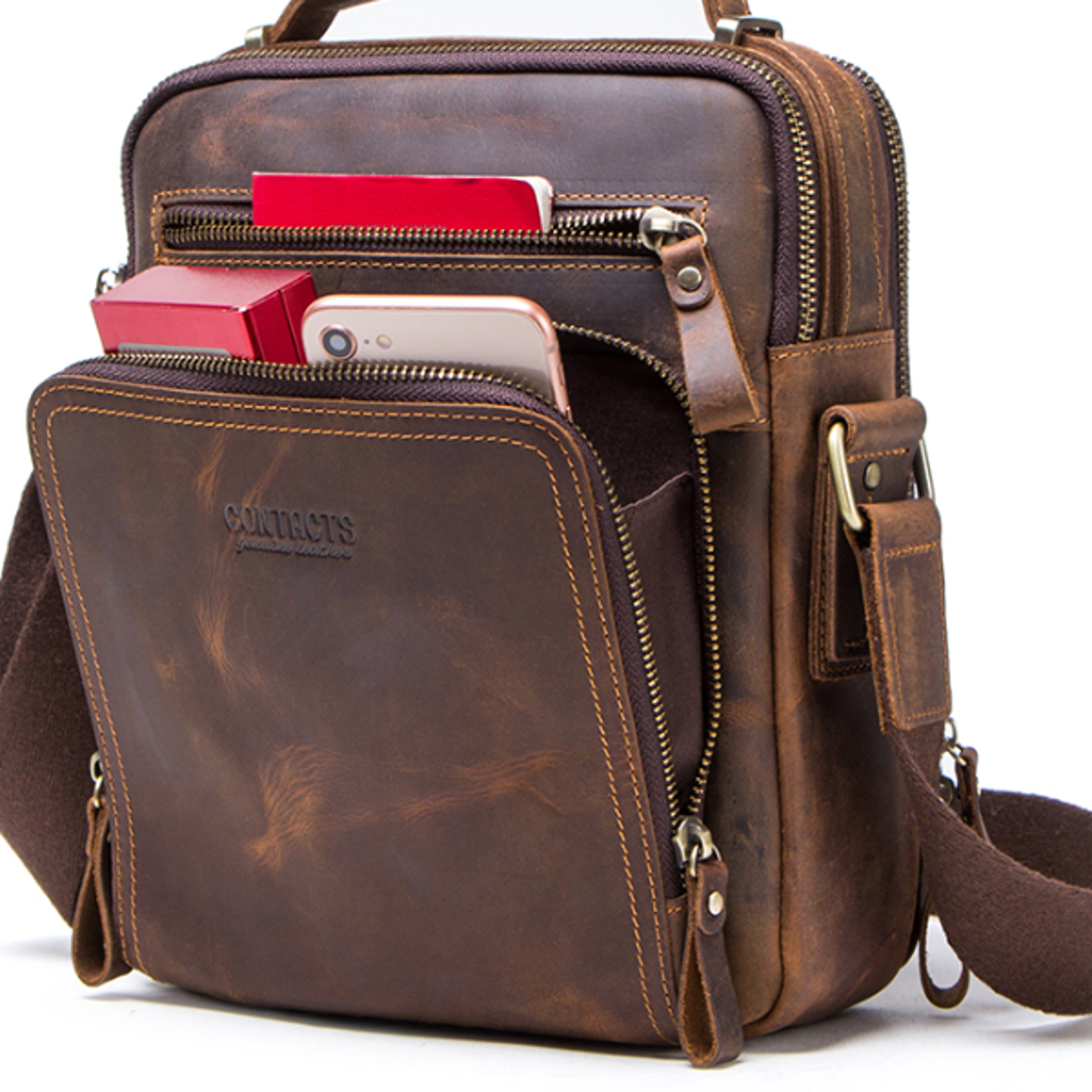 Vintage Crazy Horse Leather Mens Crossbody Shoulder Bag