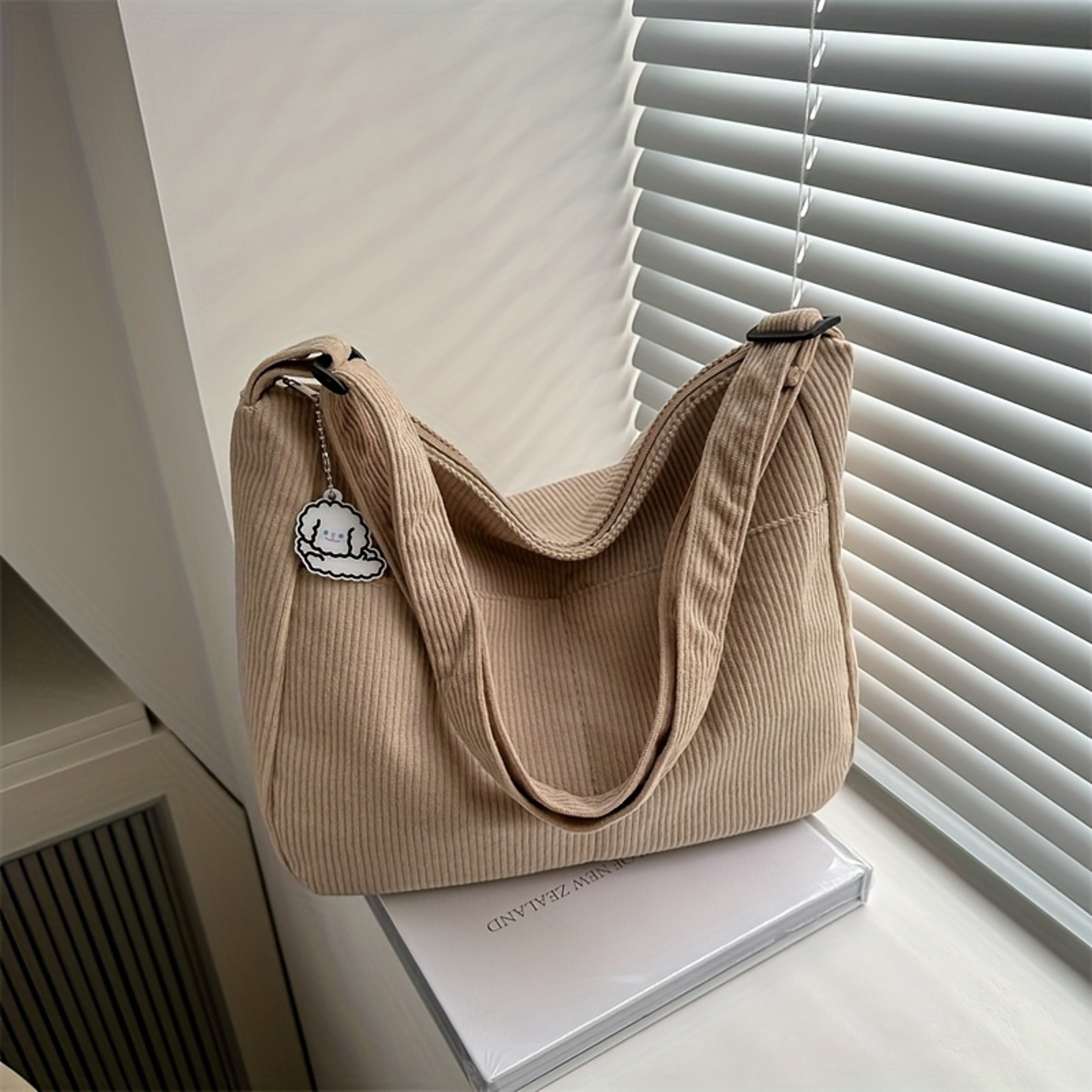 Womens Corduroy Tote Bag With Cute Hat Patch Large Capacity Zipper Closure Stylish Striped Design F 5