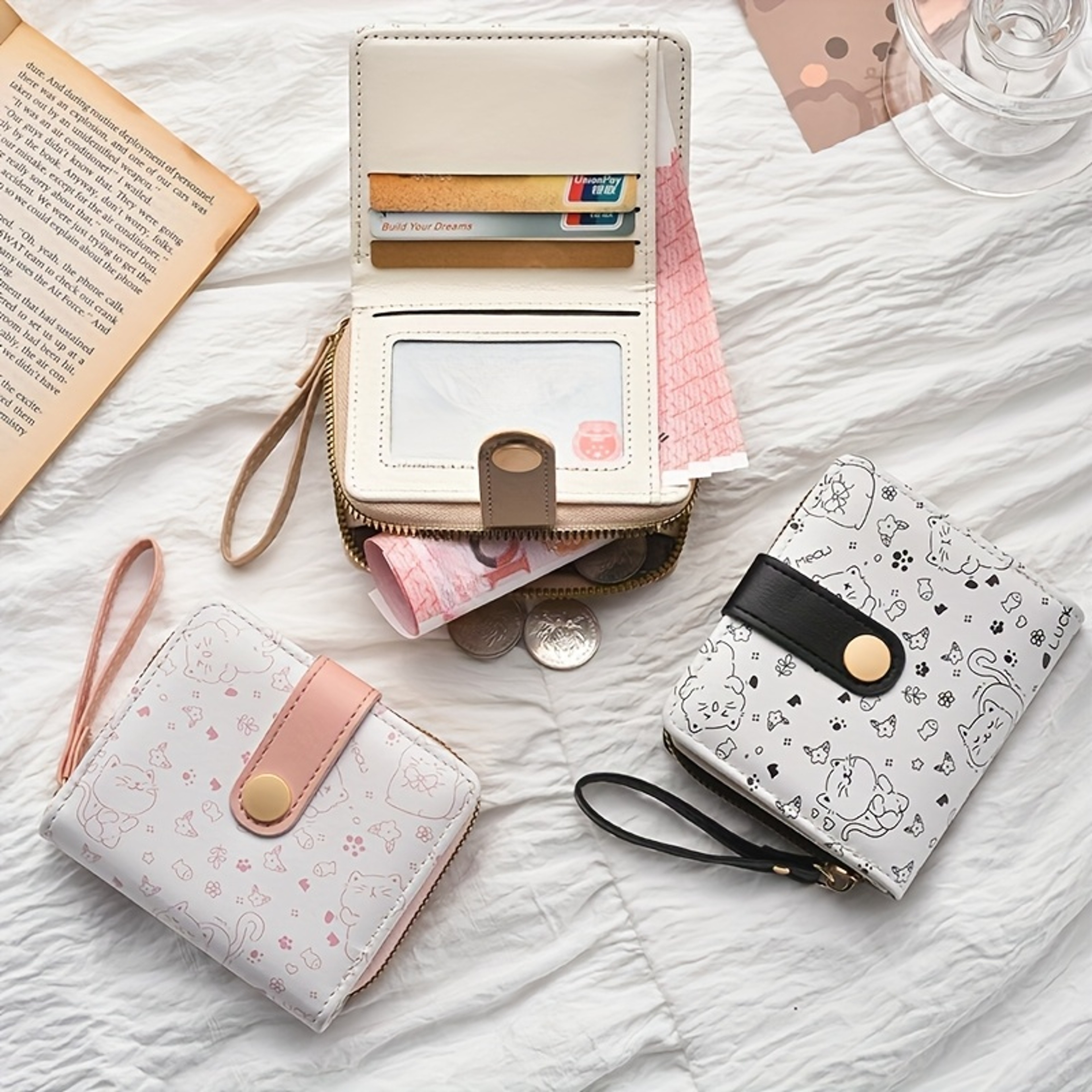 Everyday Playful Cat Mini Wallet Compact Zipper Multi Card Holder With Wrist Strap Lightweight Gift 1