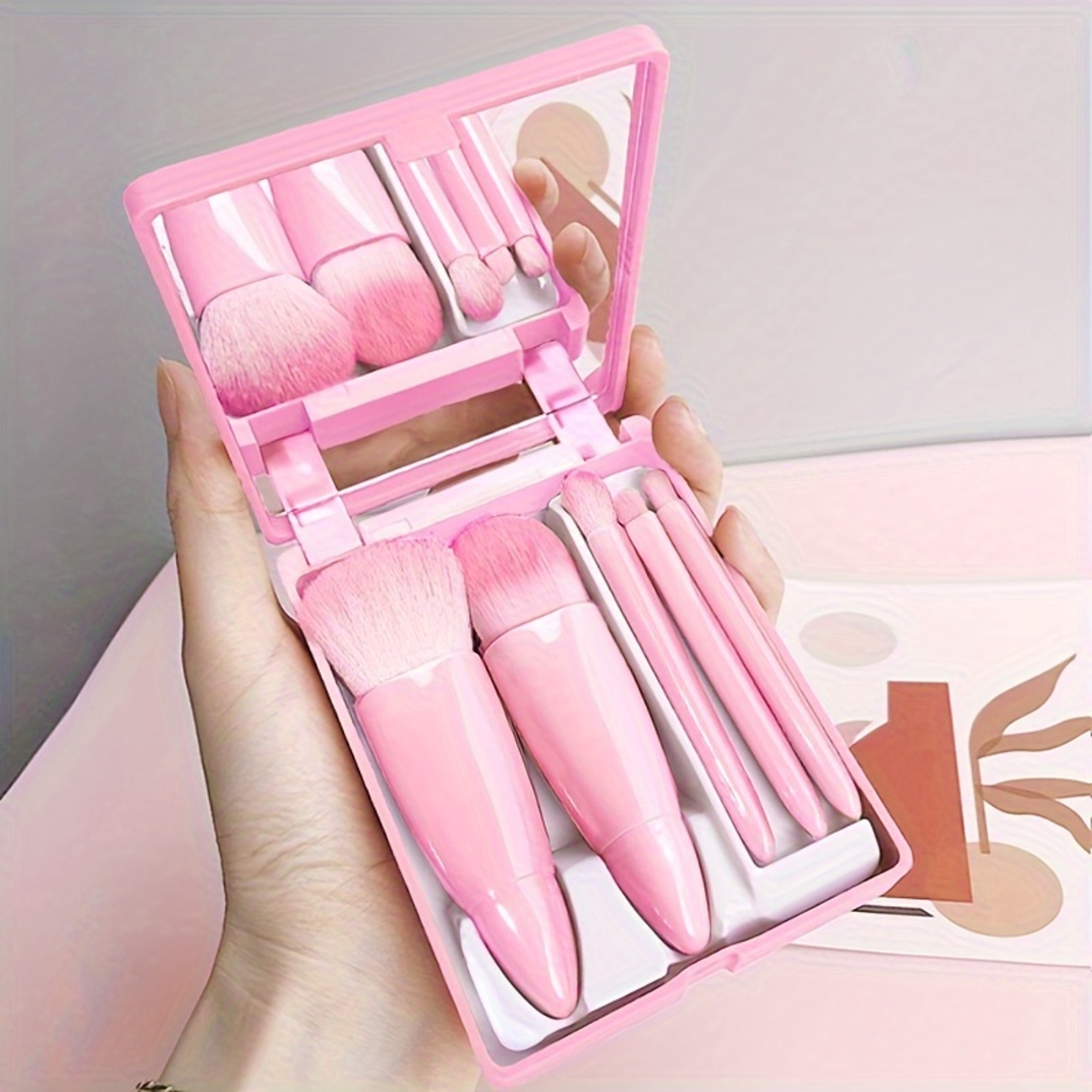 Portable Makeup Brush Set With Mirror Foldable Travel Kit 5