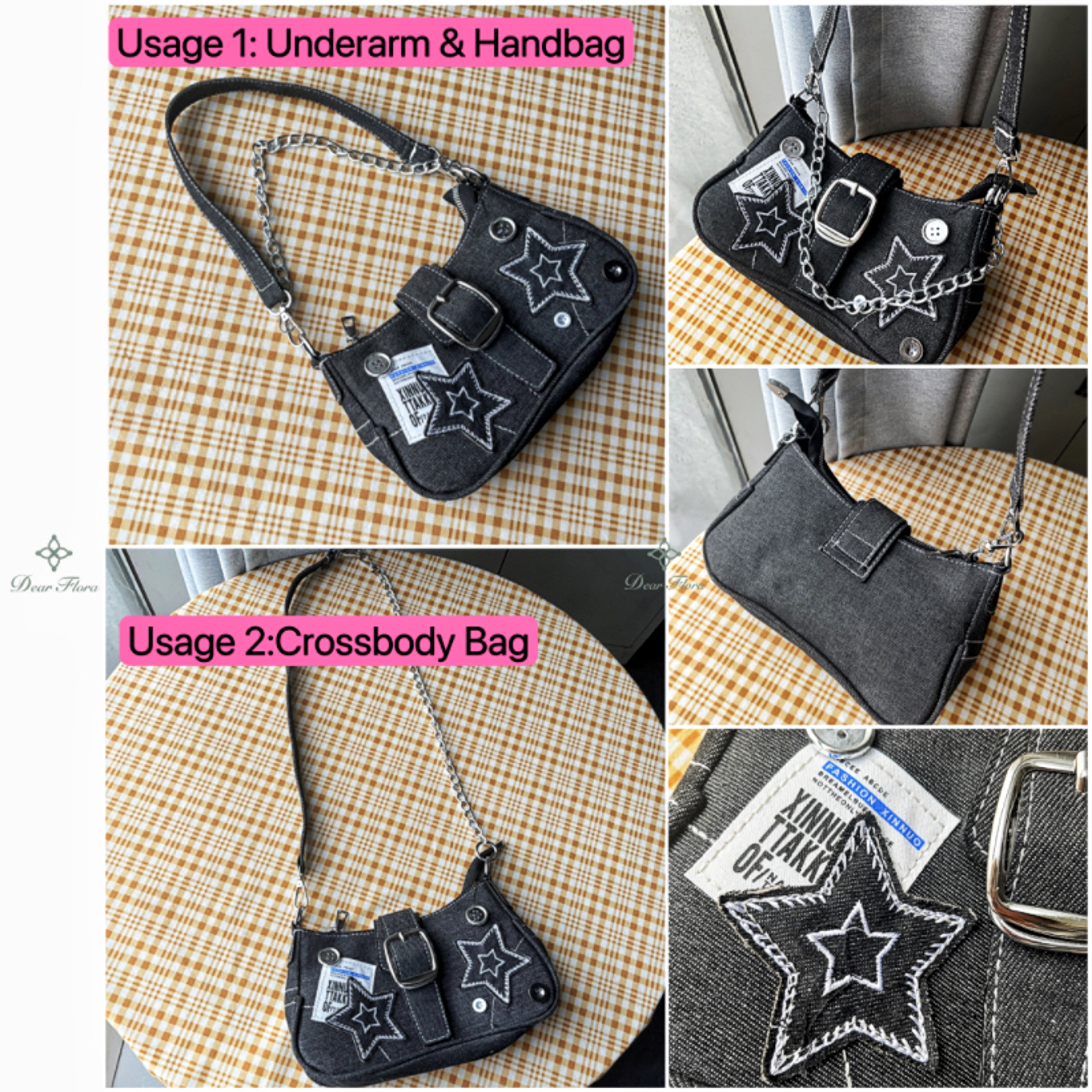 Vintage Star Pattern Canvas Underarm Bag For Women Retro Shoulder Chain Purse 1