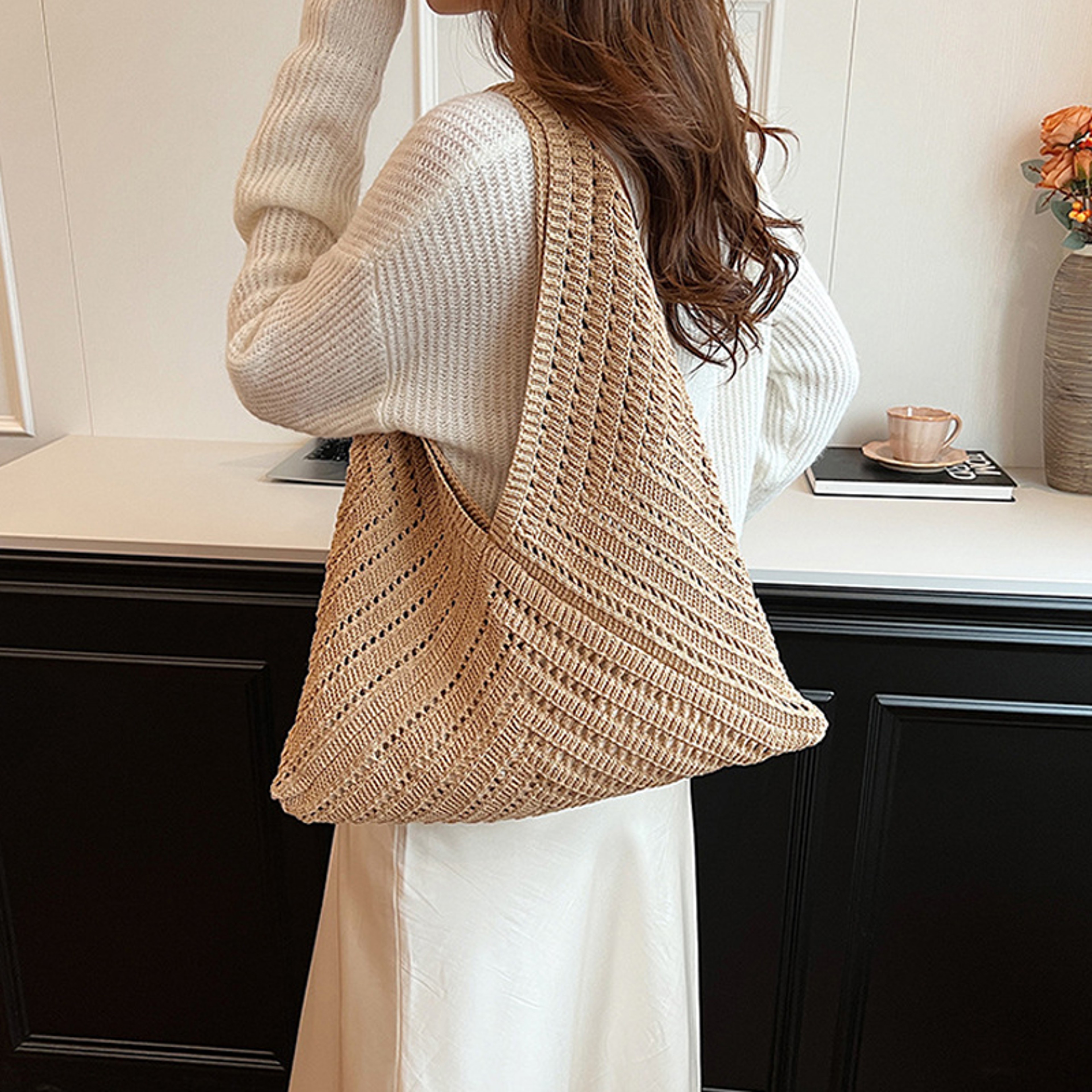 Handmade Crochet Womens Tote Bag Trendy Large Capacity Beach Shoulder Bag 1