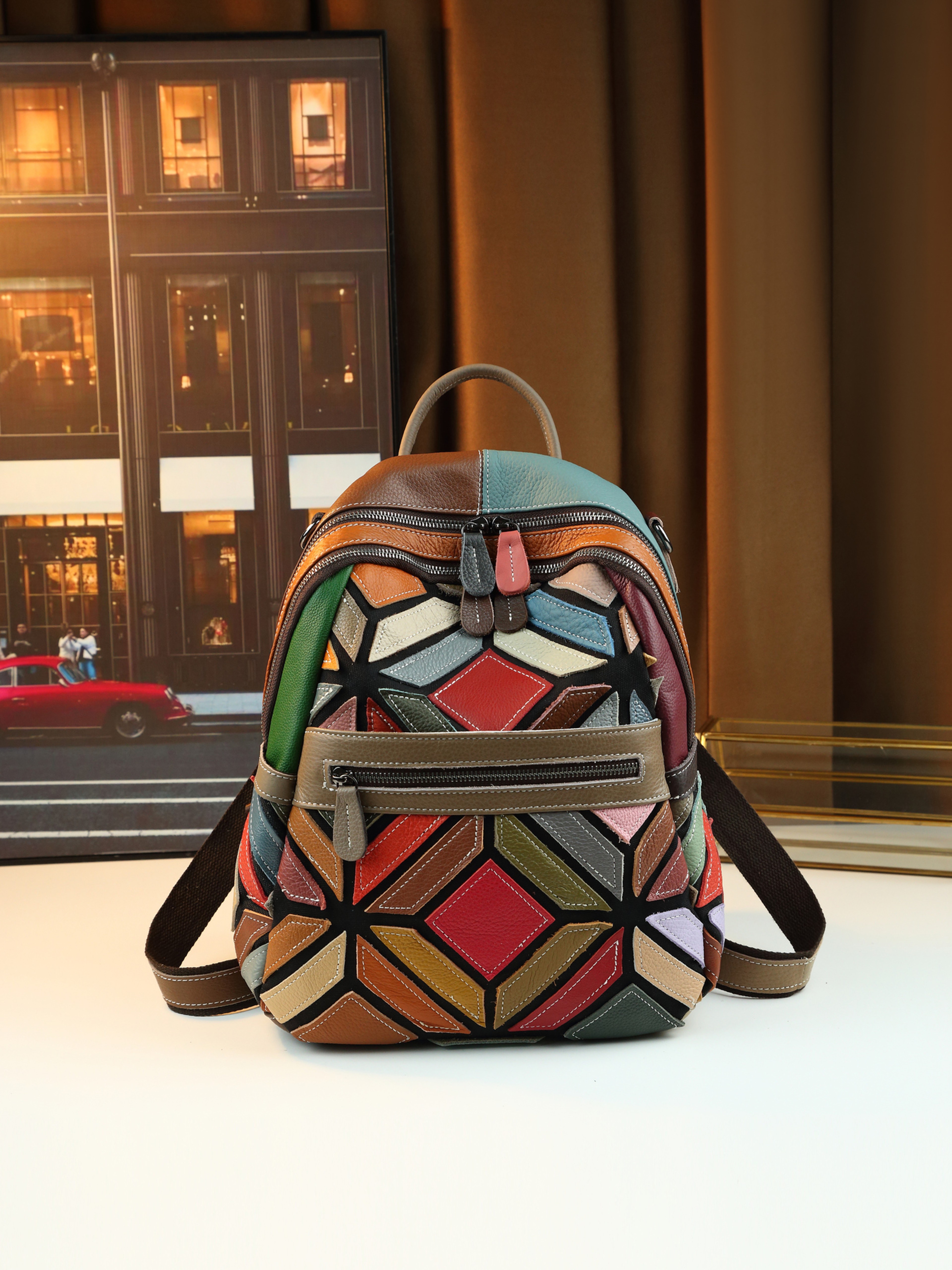Stylish Geometric Stitching Leather Backpack for Travel Large Capacity Vibrant and Functional – view 1
