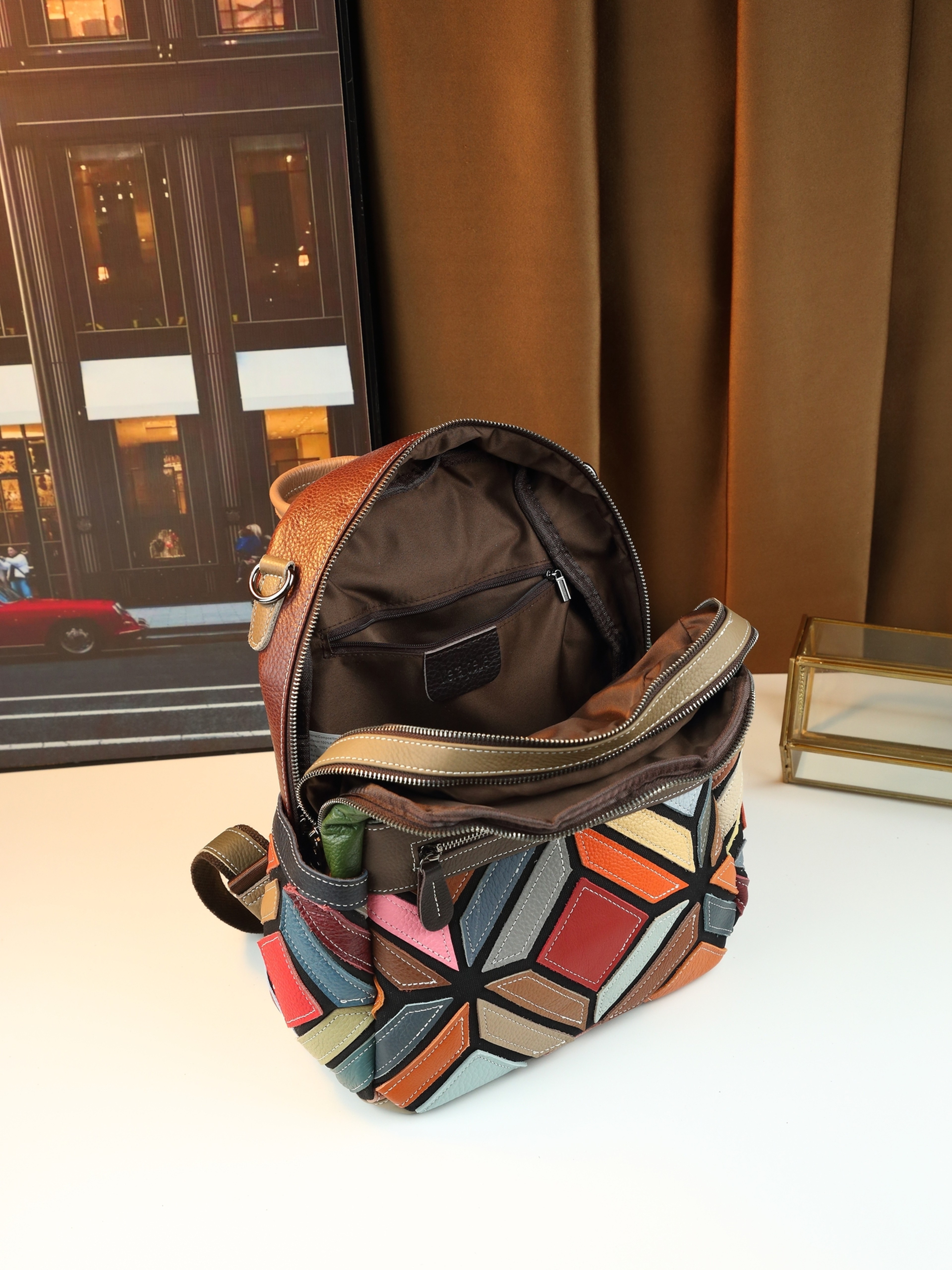 Stylish Geometric Stitching Leather Backpack for Travel Large Capacity Vibrant and Functional – view 3