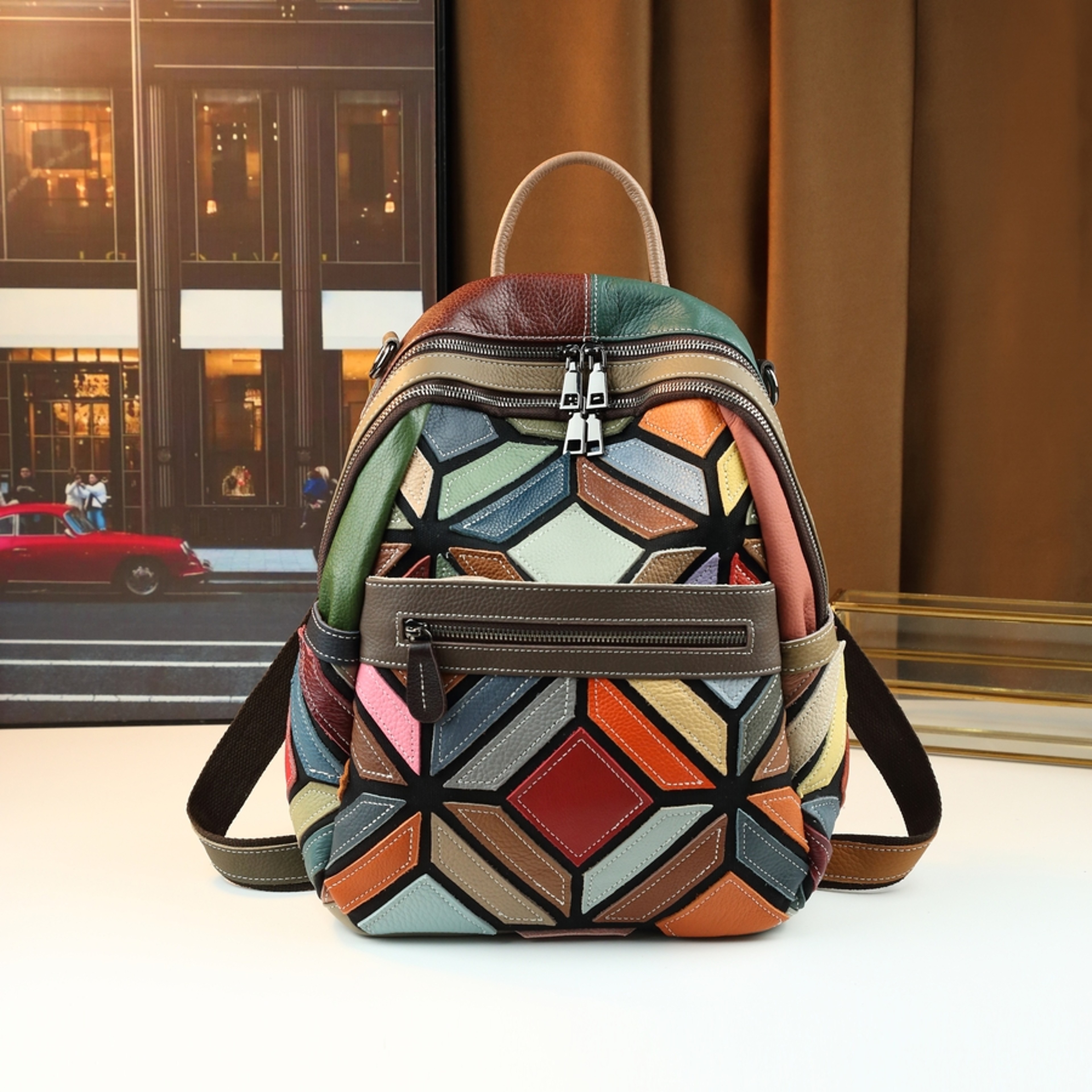 Stylish Geometric Stitching Leather Backpack for Travel Large Capacity Vibrant and Functional – view 7
