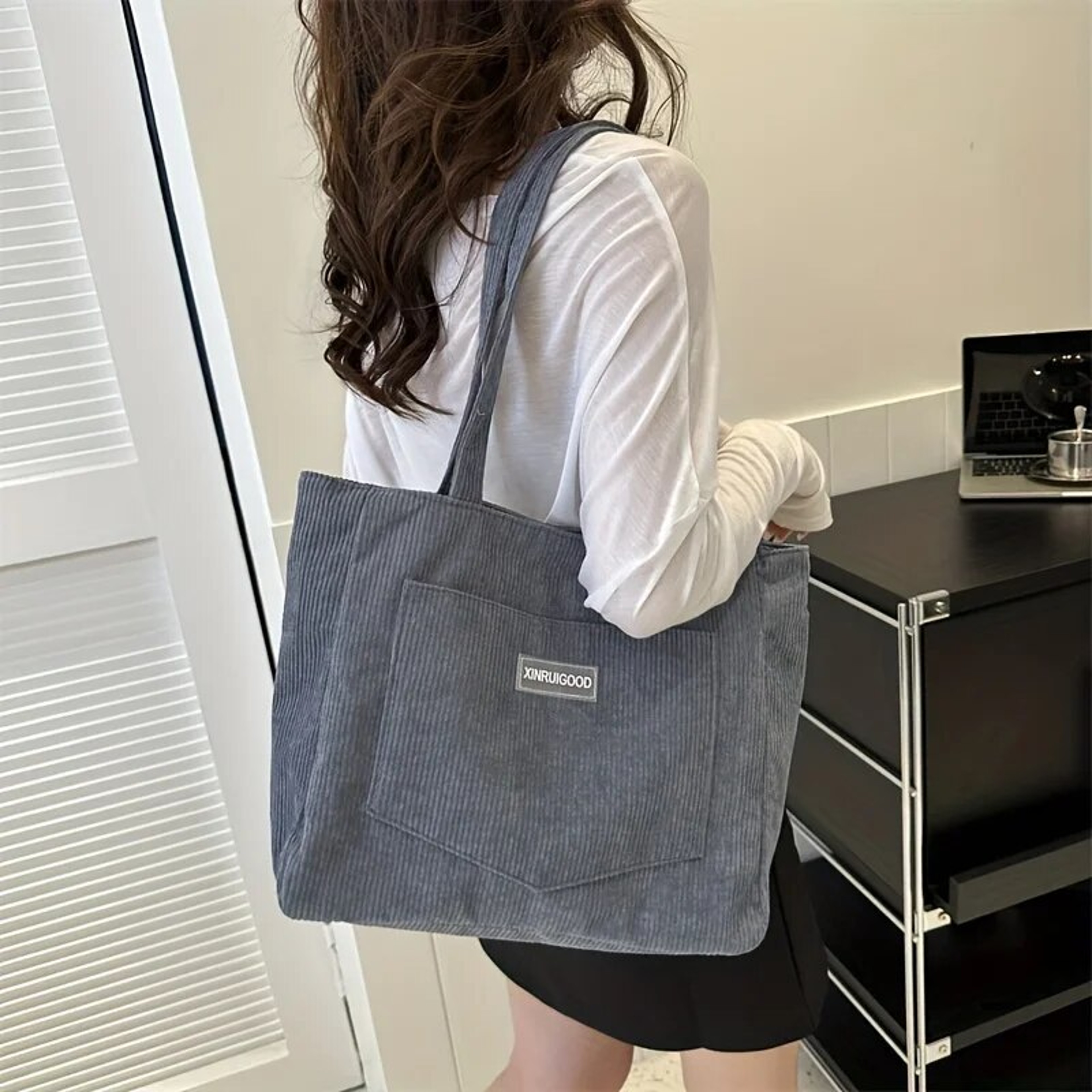 Large Capacity Corduroy Tote Bag Trendy Solid Color Shoulder Handbag with Front Pocket for Women – view 4