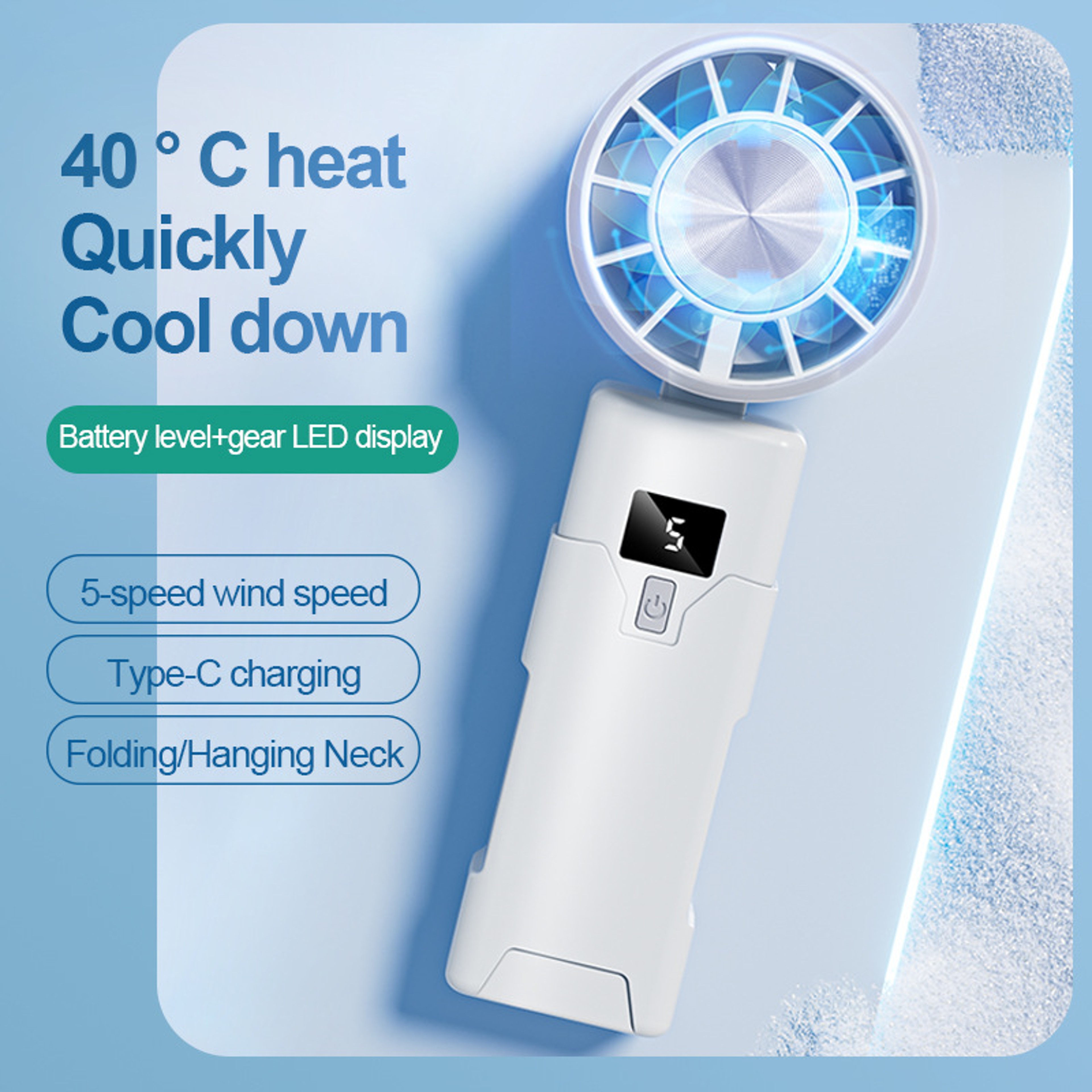 Turbo Handheld Fan with Digital Display USB Rechargeable Foldable & Portable Neck Hanging Mini Fan – view 2