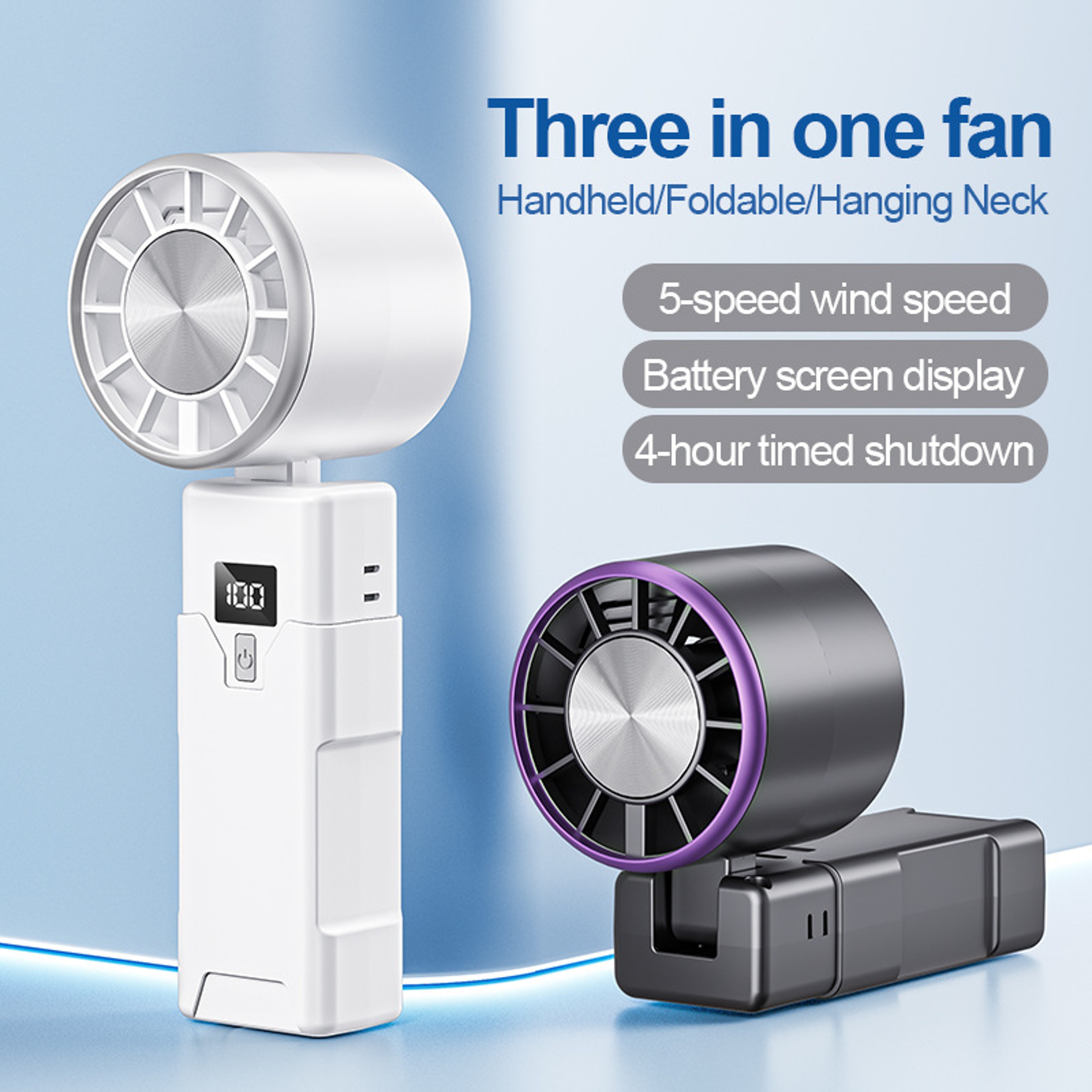 Turbo Handheld Fan with Digital Display USB Rechargeable Foldable & Portable Neck Hanging Mini Fan – view 4