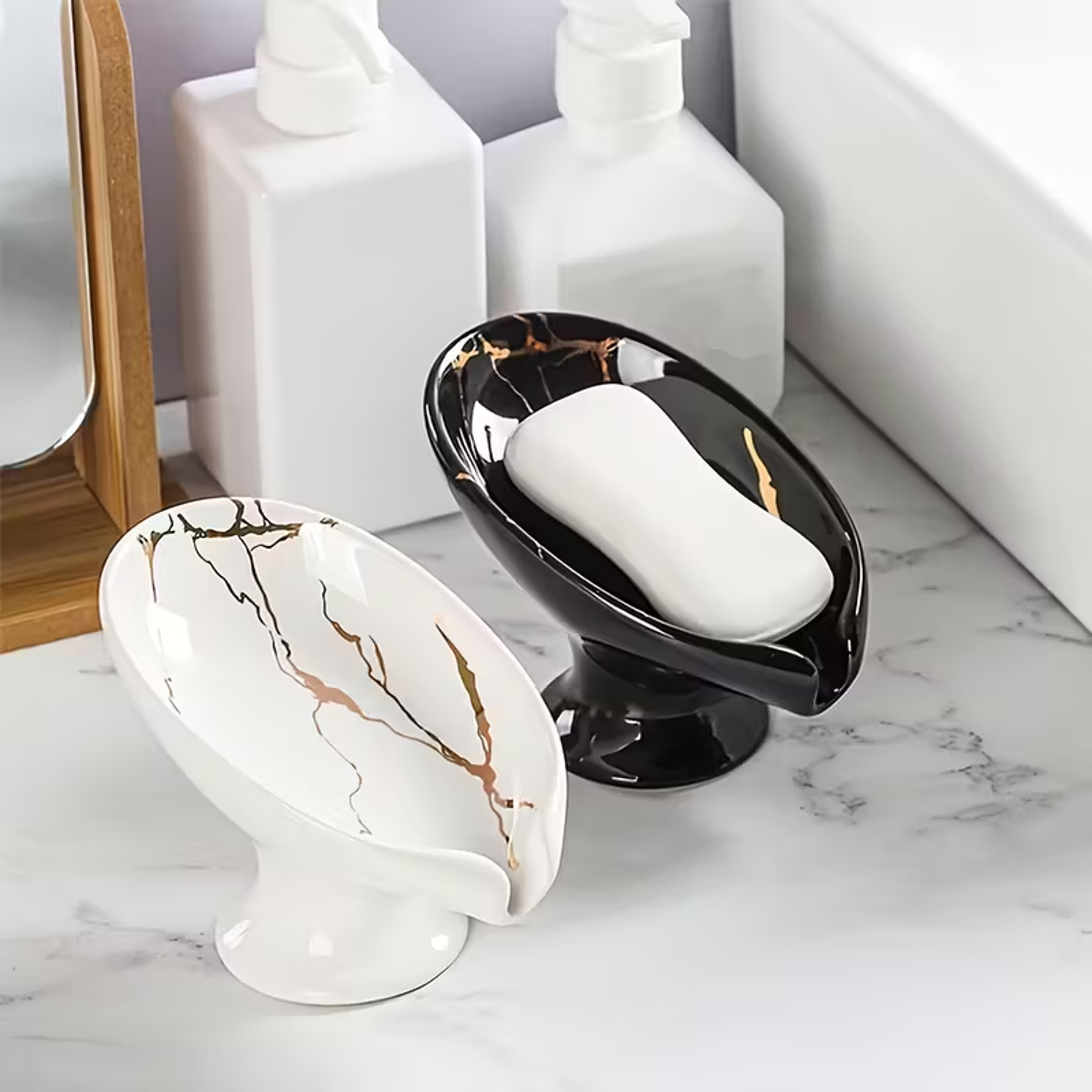 Leaf Shaped Ceramic Soap Holder Self Draining Soap Dish With Marble Finish 0