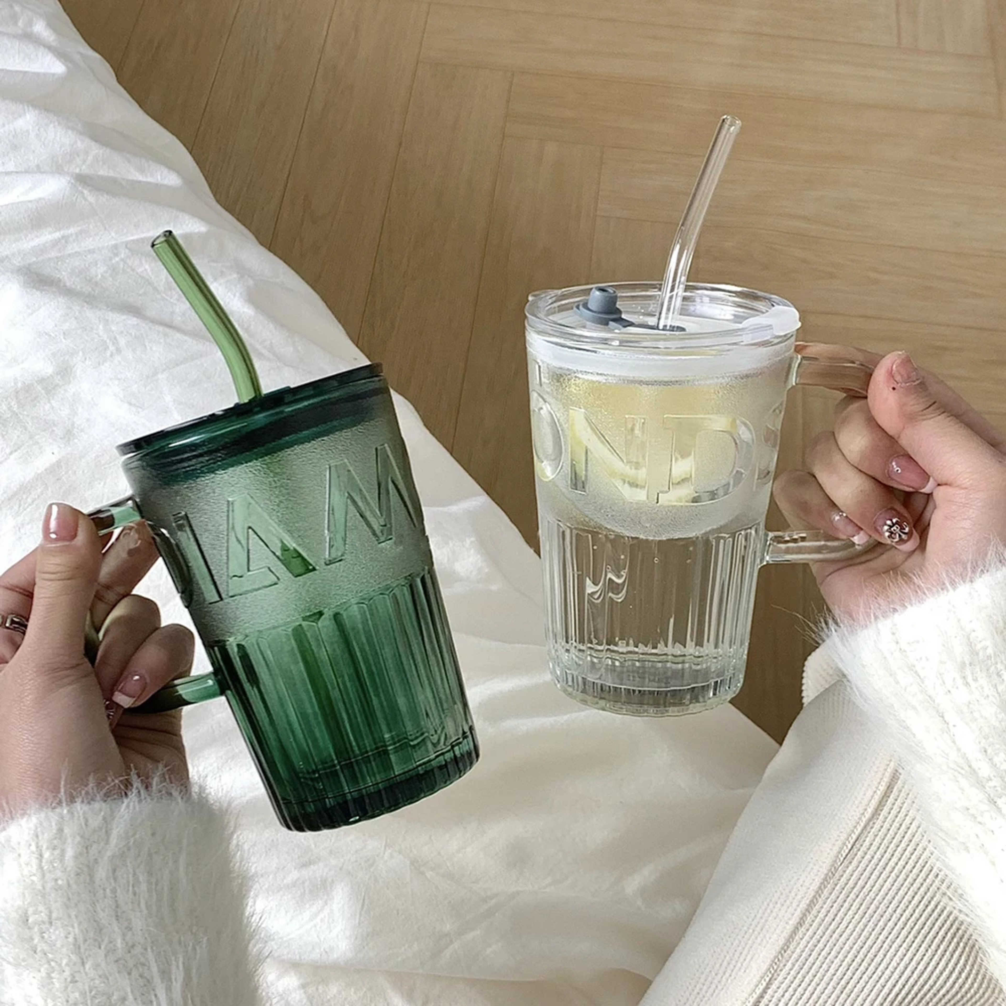 Retro Glass Tumbler With Lid And Straw Reusable Juice And Coffee Cup Transparent Green Glass Mug 0