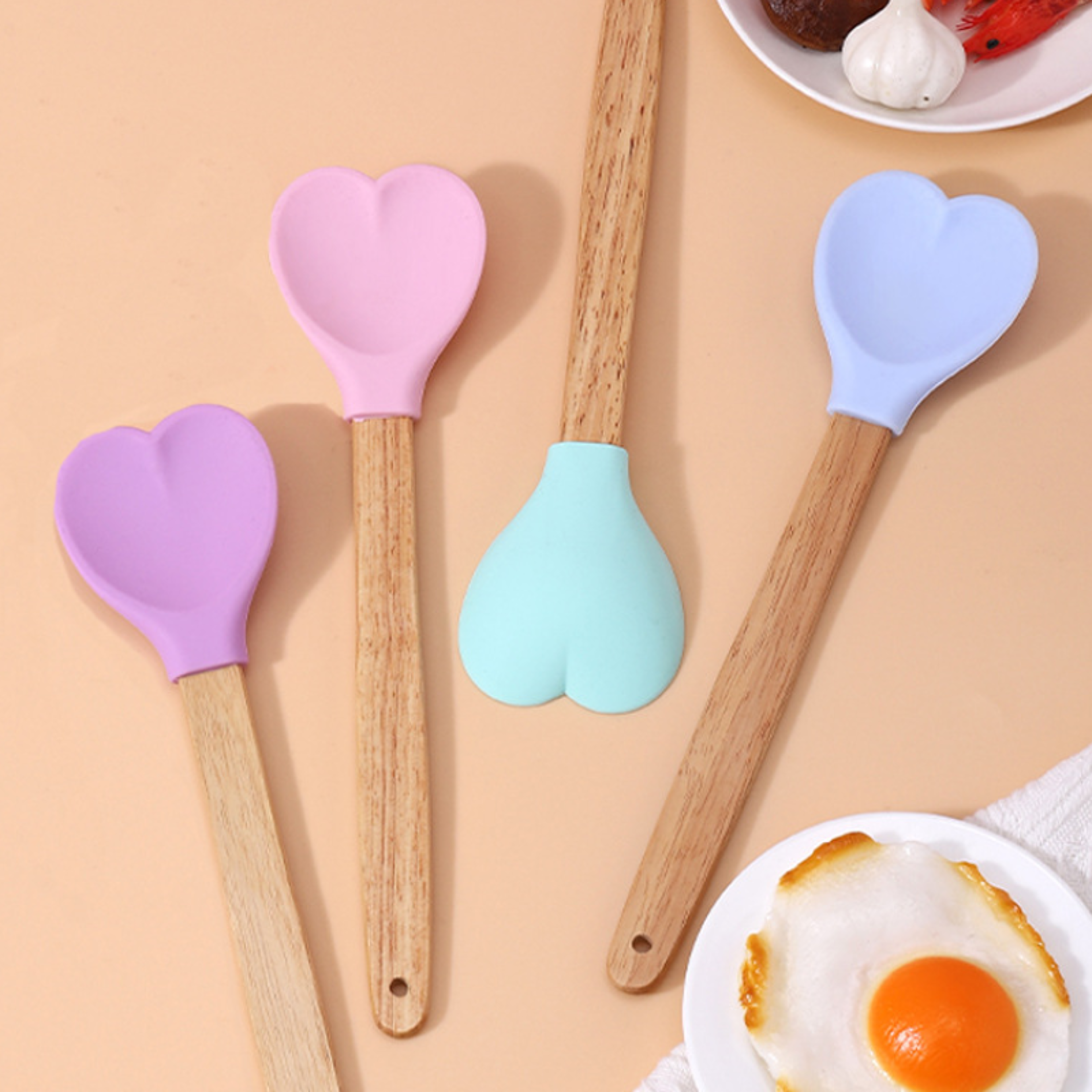 Heart Shaped Silicone Stirring Spoon with Wooden Handle Nonstick Ice Cream Scoop for Baking & Cooking – view 1