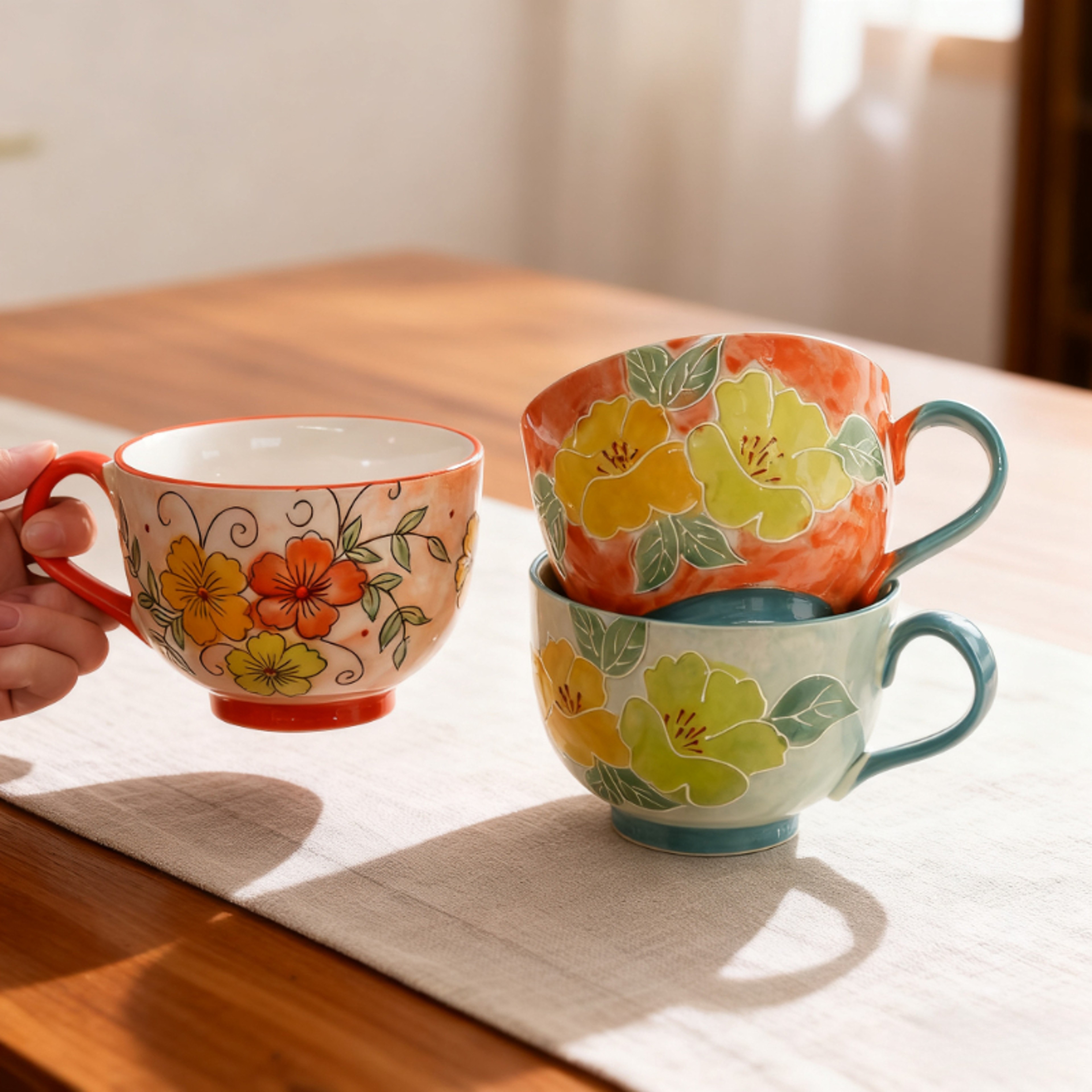 Hand Painted Floral Ceramic Mug Large Breakfast Cup For Tea Coffee And Oatmeal 3