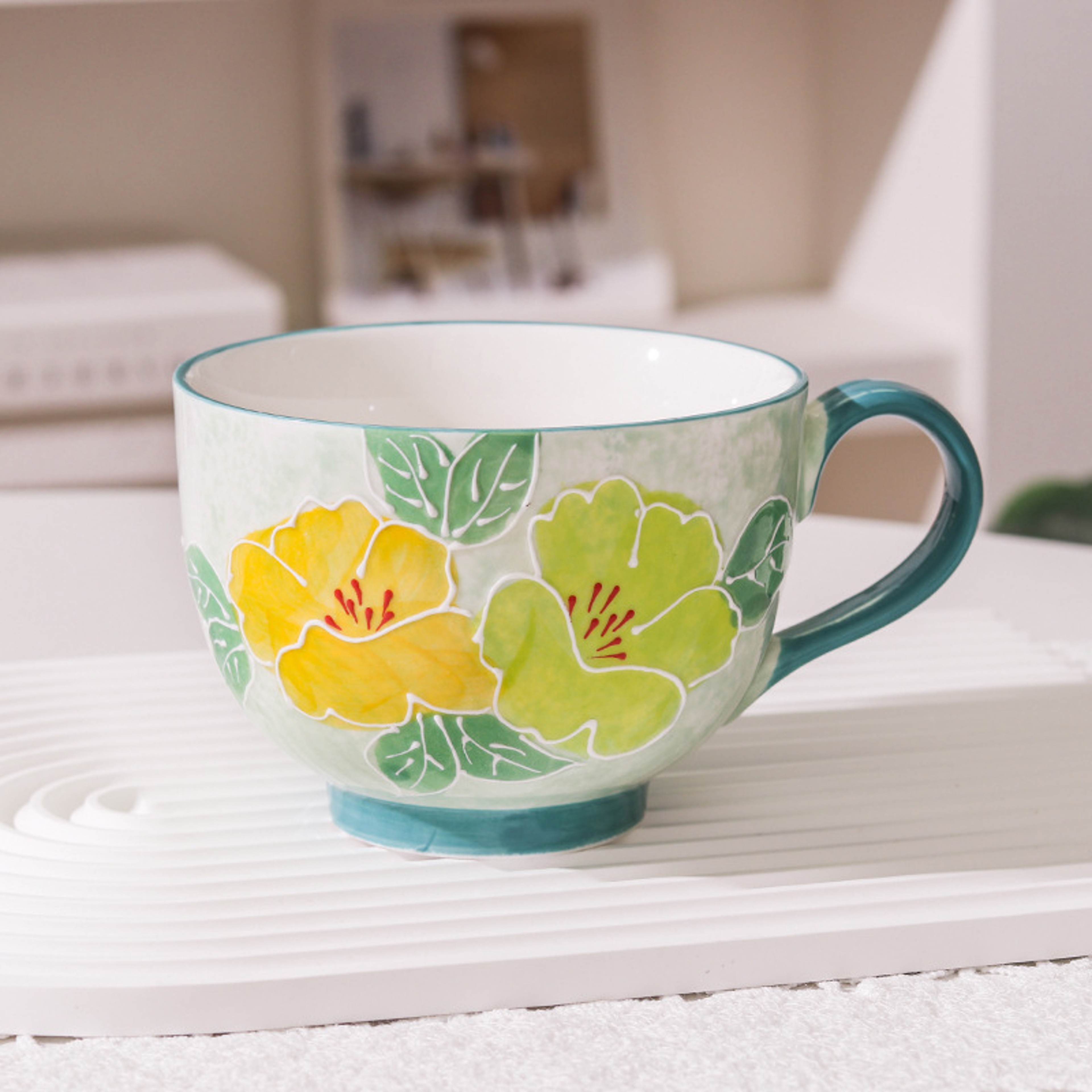 Hand Painted Floral Ceramic Mug Large Breakfast Cup For Tea Coffee And Oatmeal 6