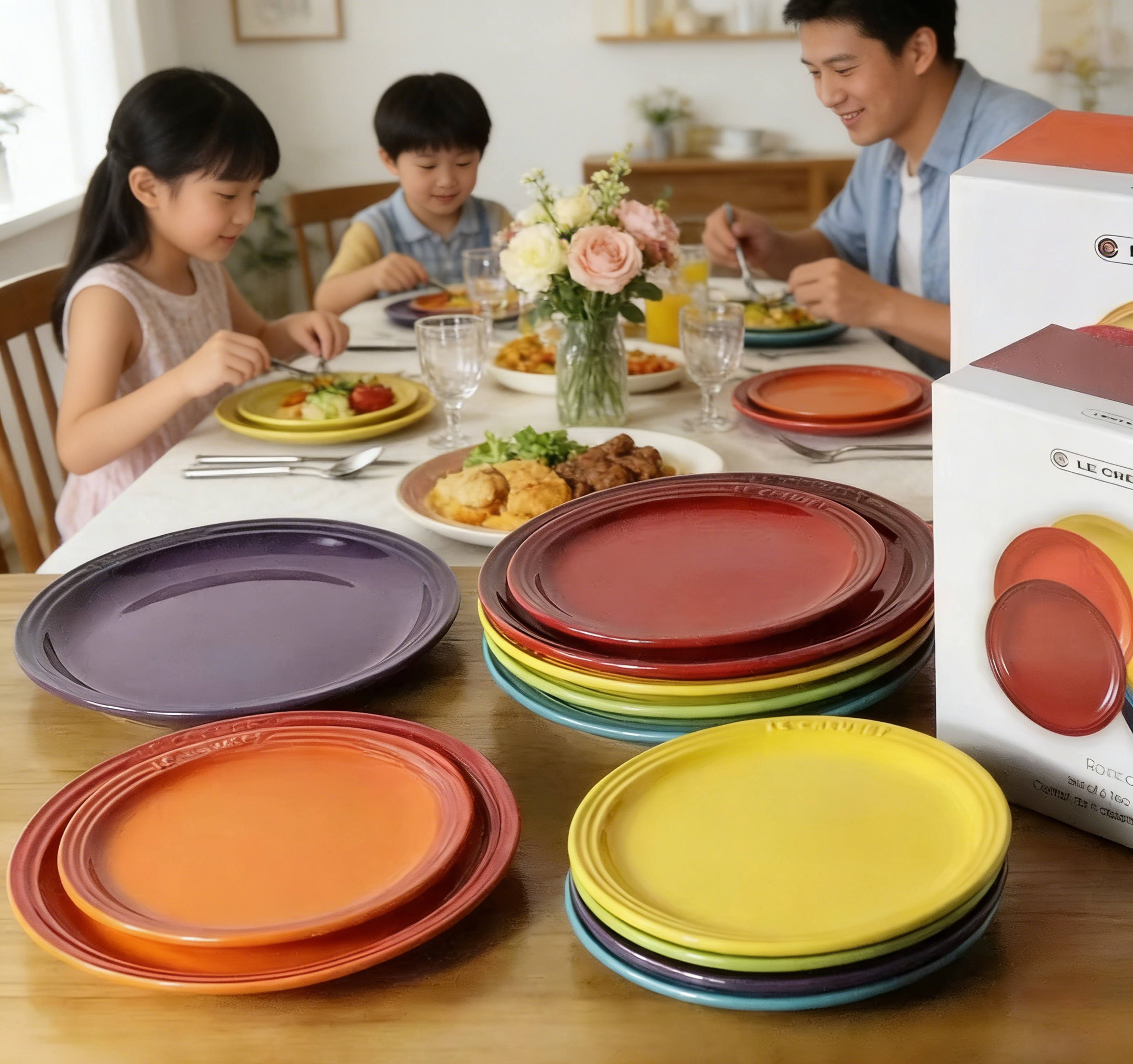 Rainbow Enamel Dinner Plates Set Colorful Round Decorative Tableware 4