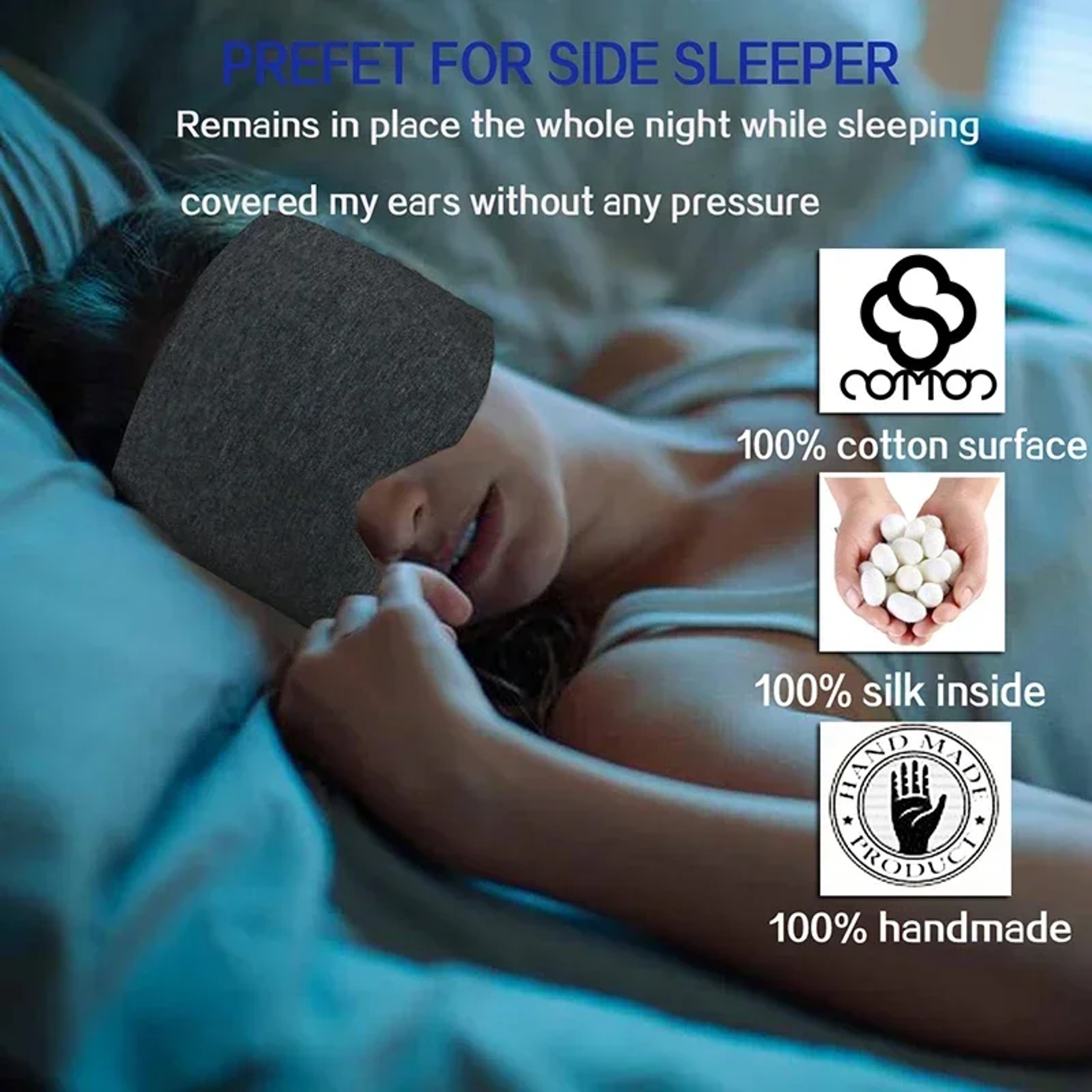 Handmade Cotton Blackout Sleep Mask for Side Sleepers Soft & Portable Eye Covers for Travel – view 2