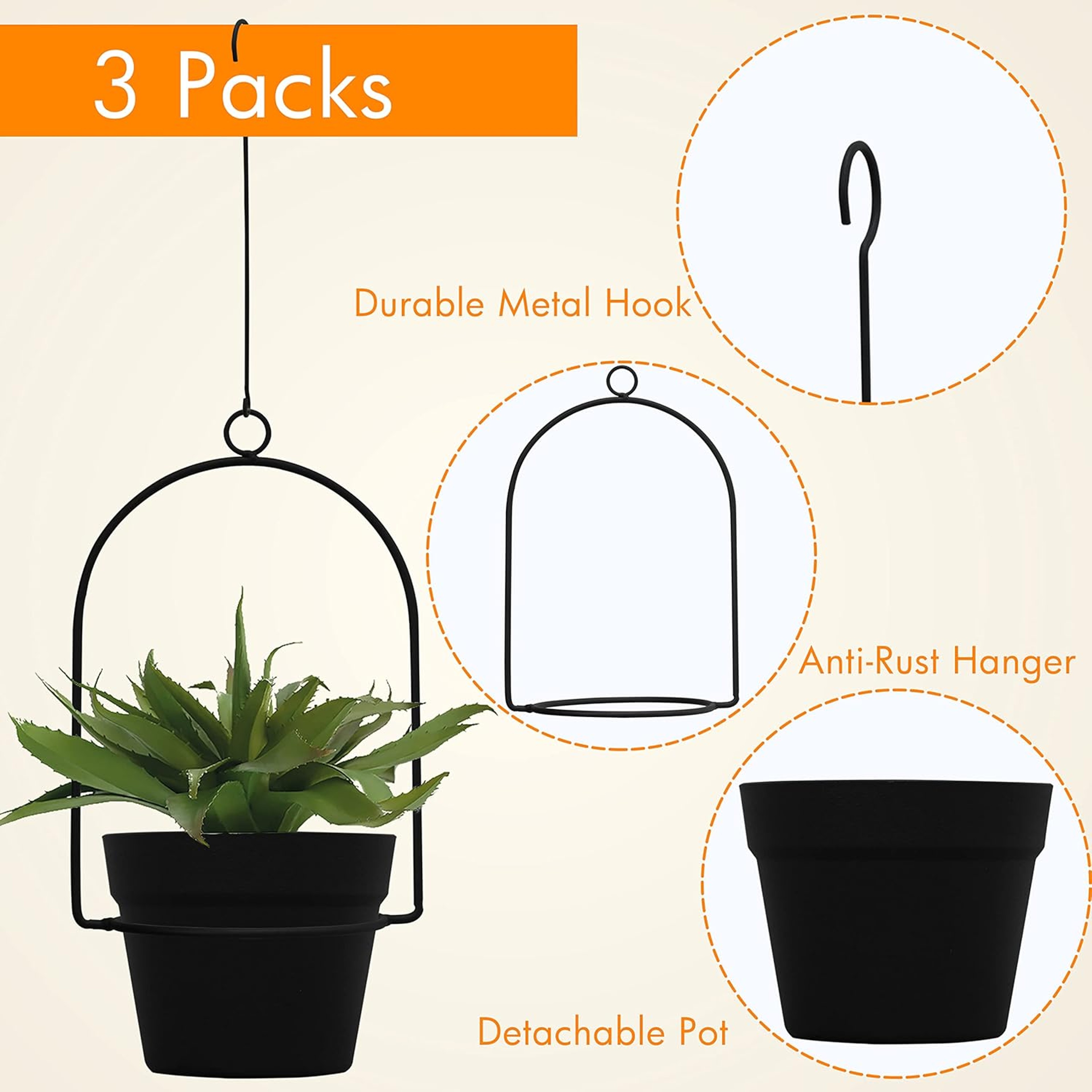 Black Hanging Planters for Indoor & Outdoor Use Flower Pot Hangers Decorative Planter Set – view 3