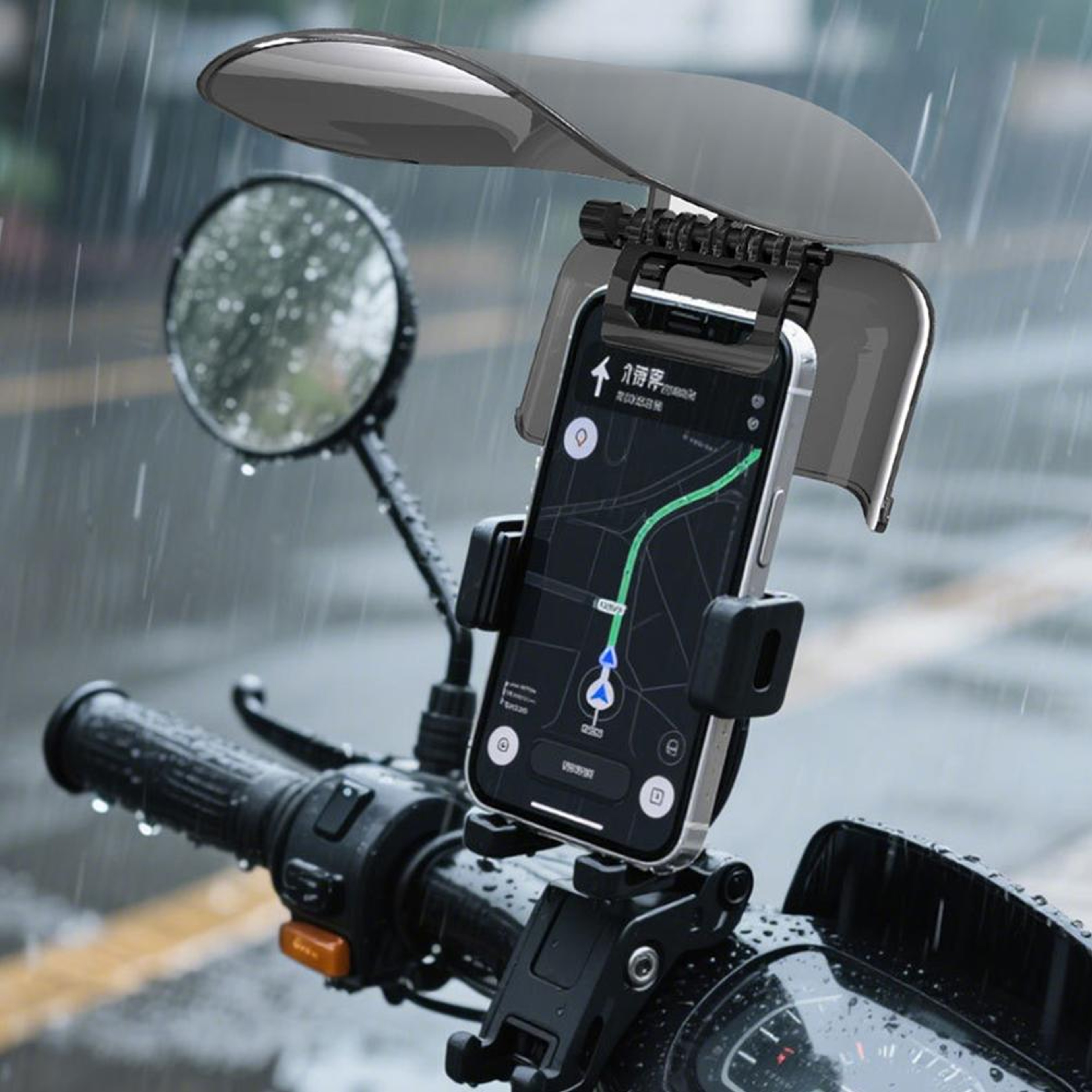 Universal motorcycle phone mount with Sun Visor Rain Shield for Bikes and Scooters – view 1