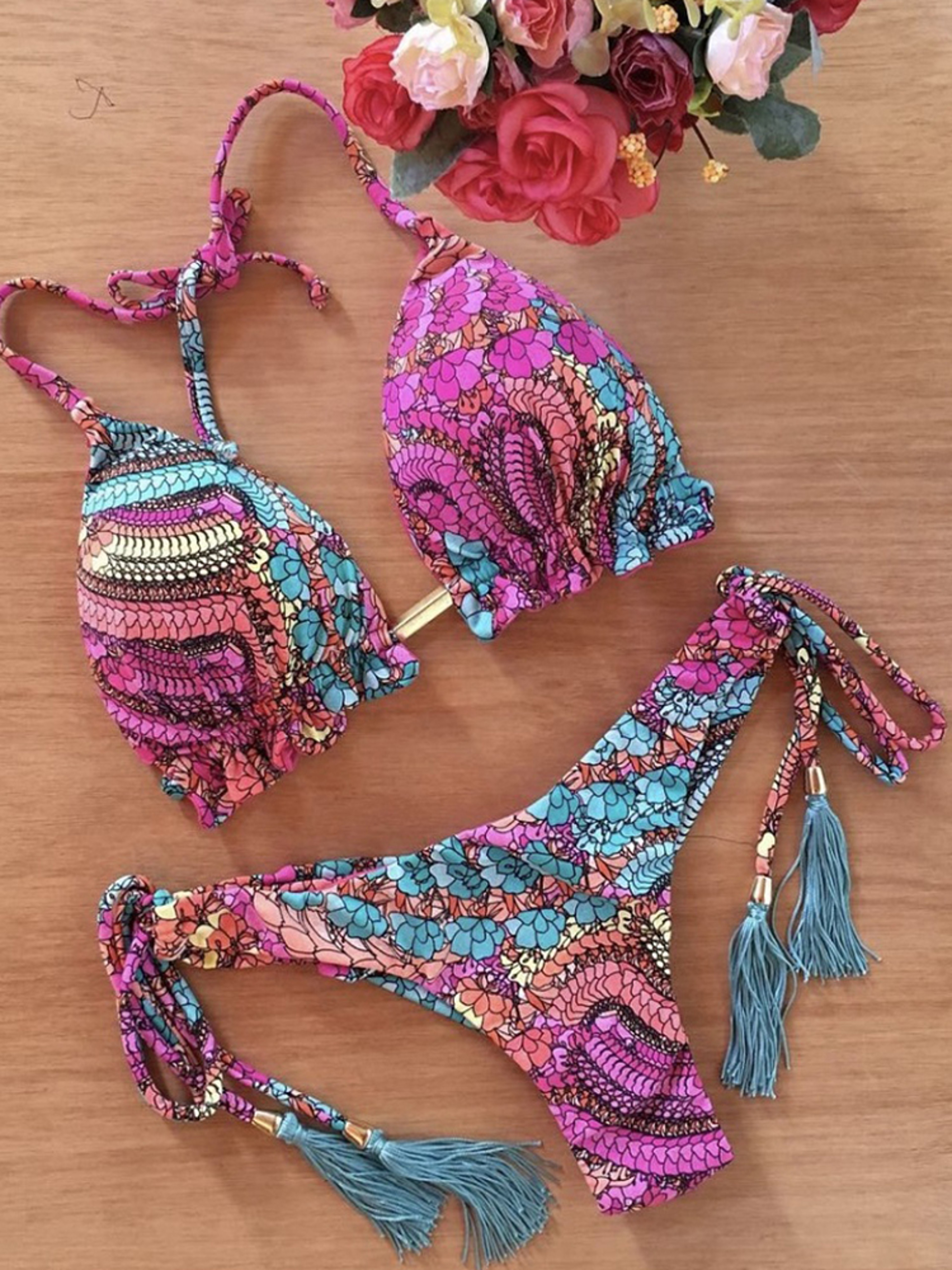 Floral Push Up Bikini Set for Women String Tie Beach Swimwear – view 1