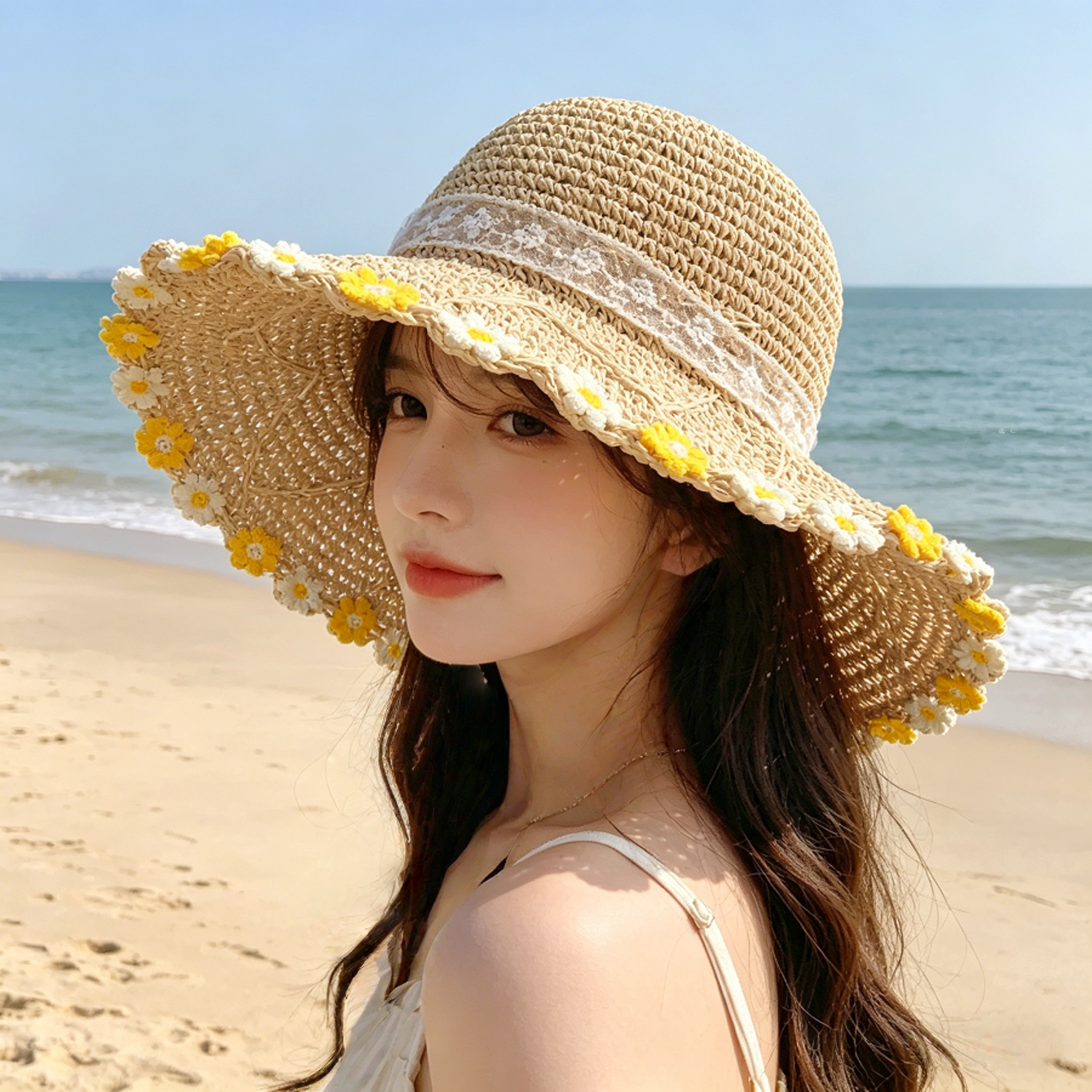 Small Daisy Straw Sun Hat For Summer Beach  Outdoor Protection 1