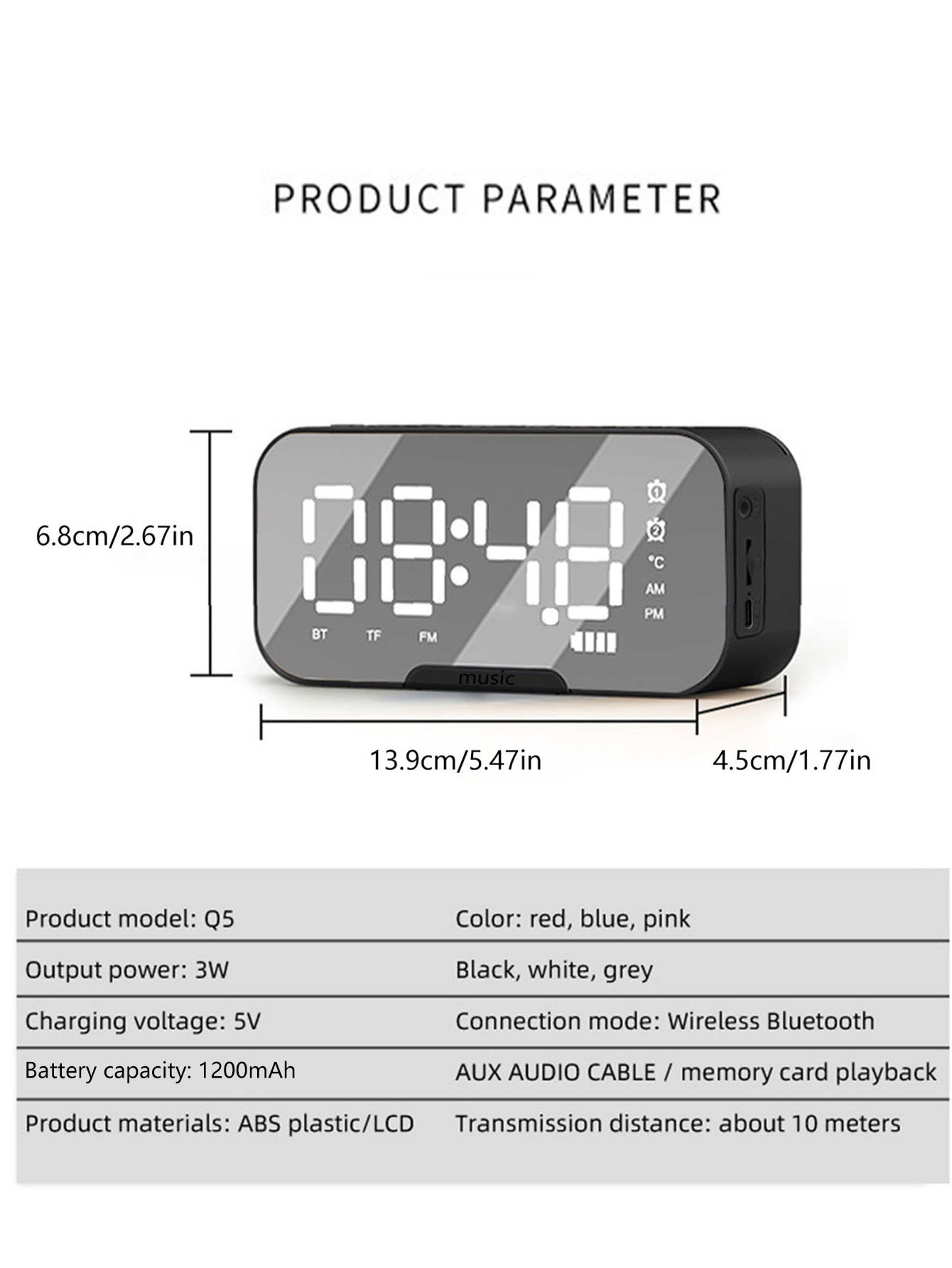 Premium Bluetooth Speaker Alarm Clock With Mirror Display And Real Time Temperature 4