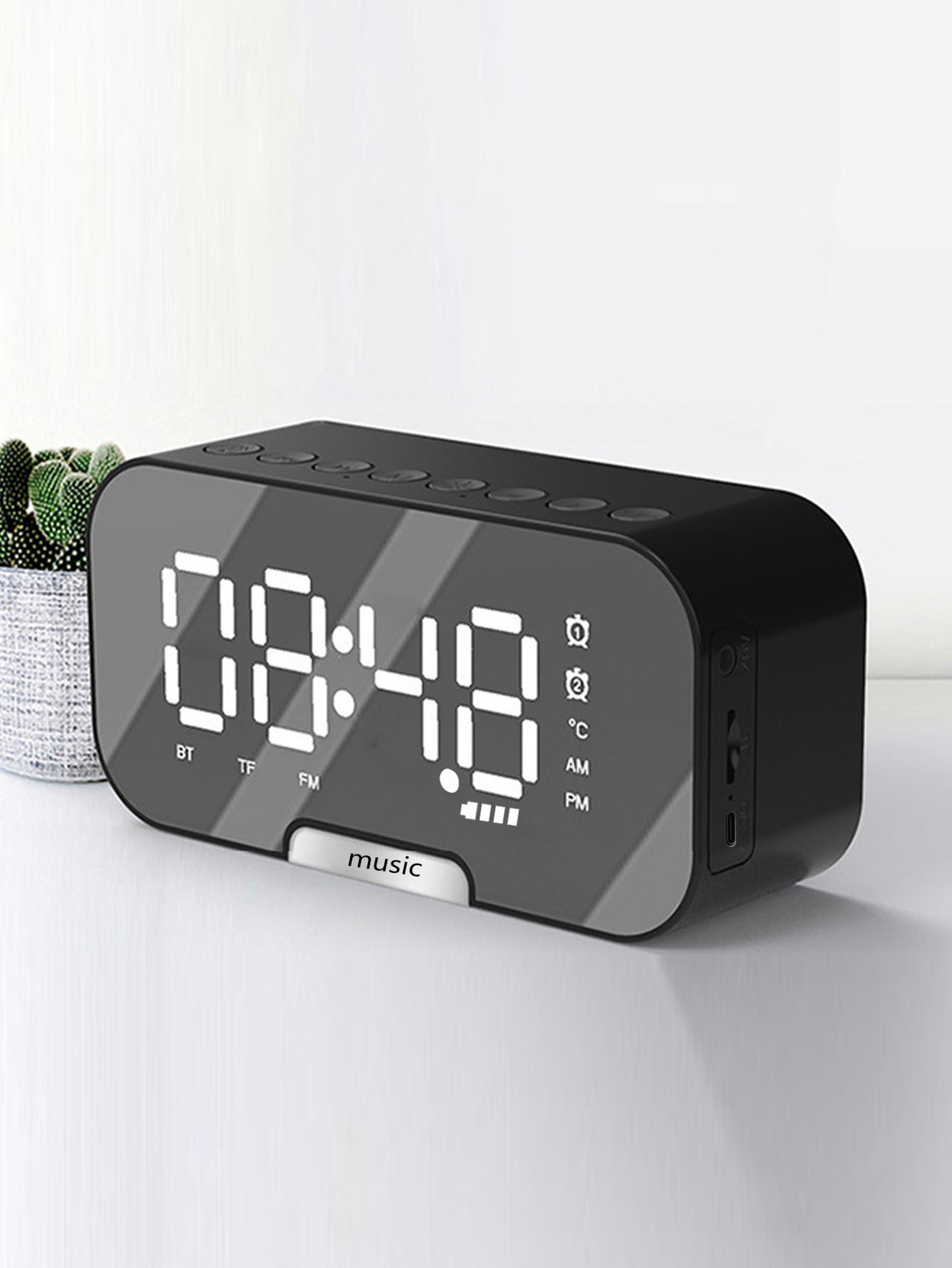 Premium Bluetooth Speaker Alarm Clock With Mirror Display And Real Time Temperature 5