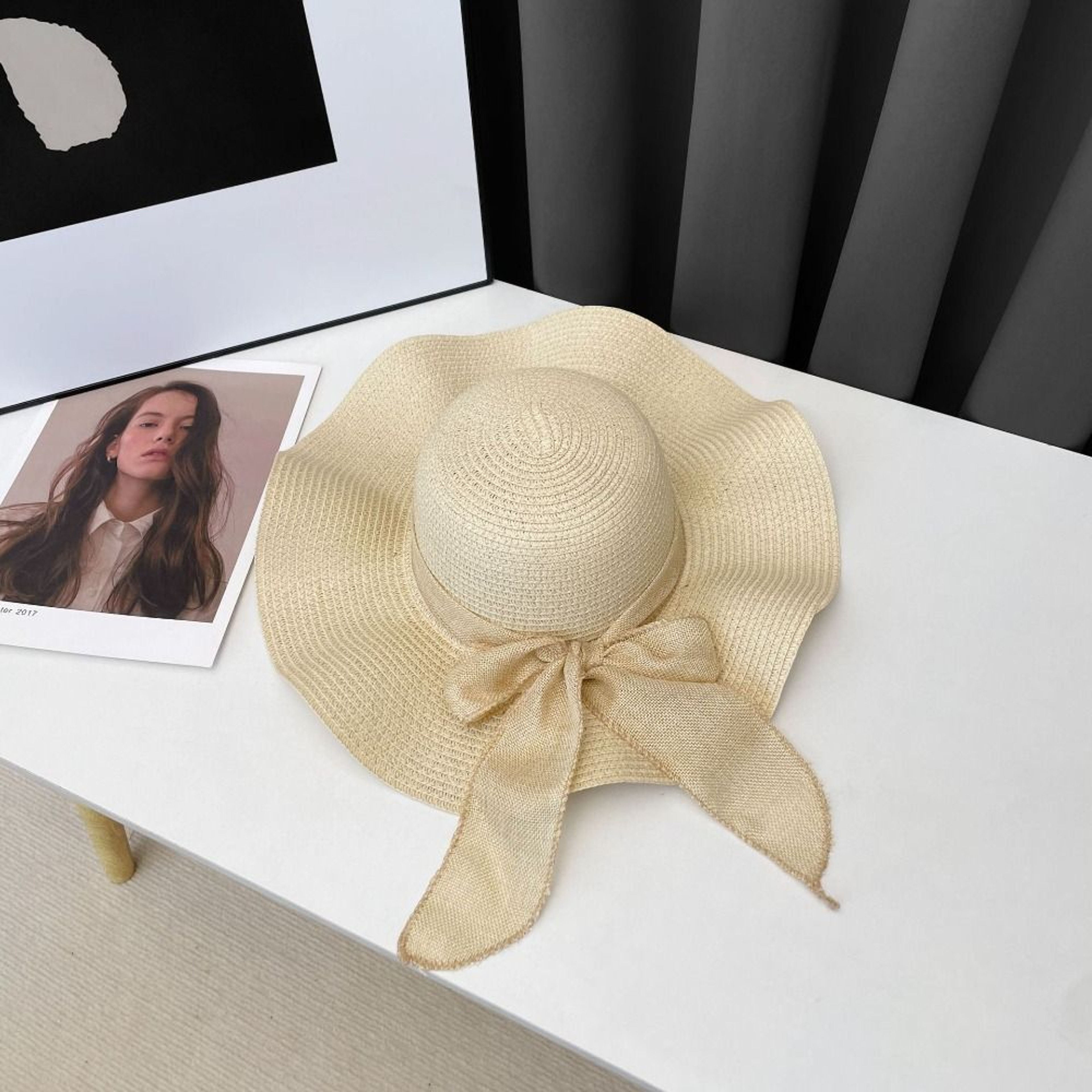 Foldable Wide Brim Straw Beach Hat With Bow Ribbon UV Sun Protection 1