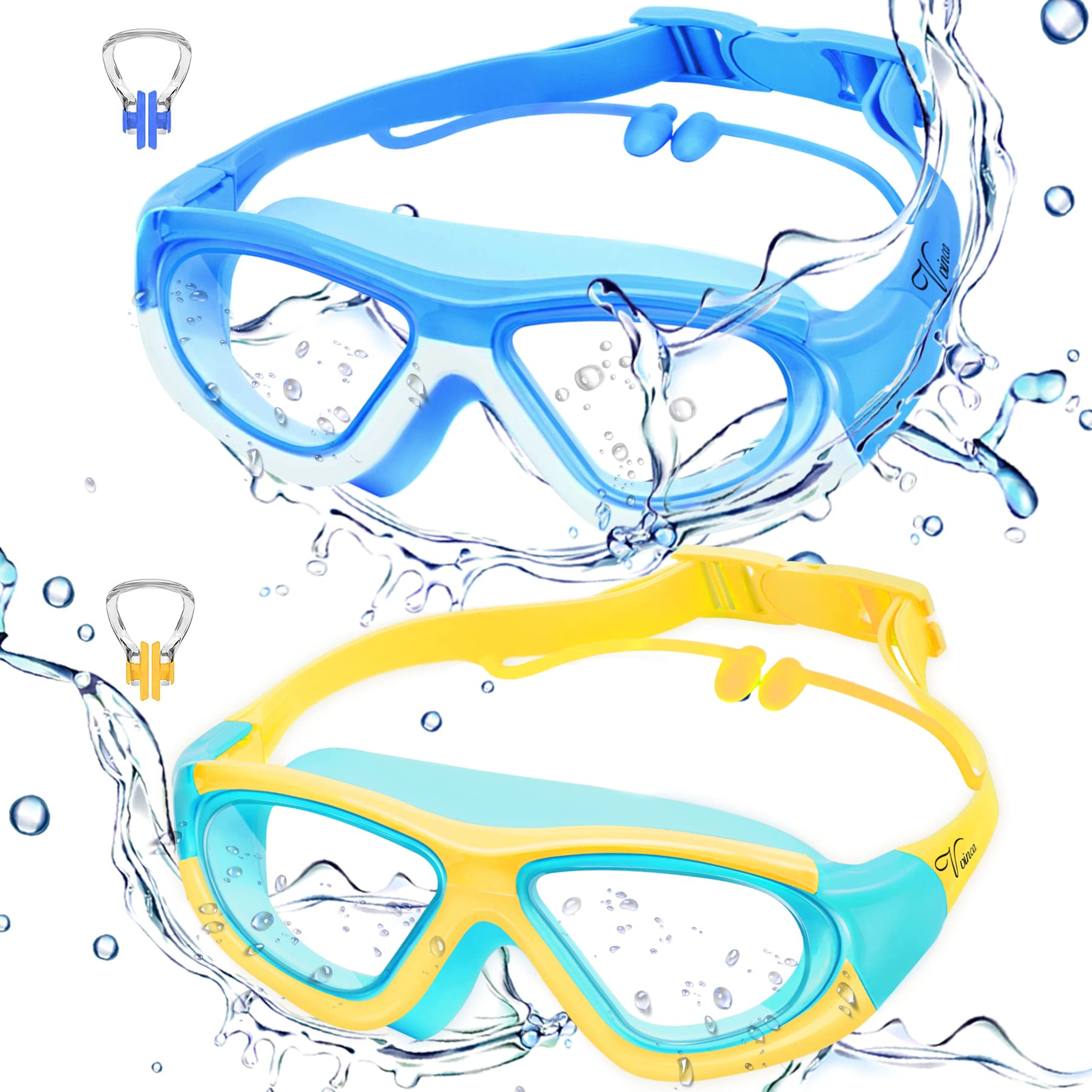 Kids Anti Fog Swim Goggles With Earplugs Waterproof Large Frame Swimming Glasses – view 2