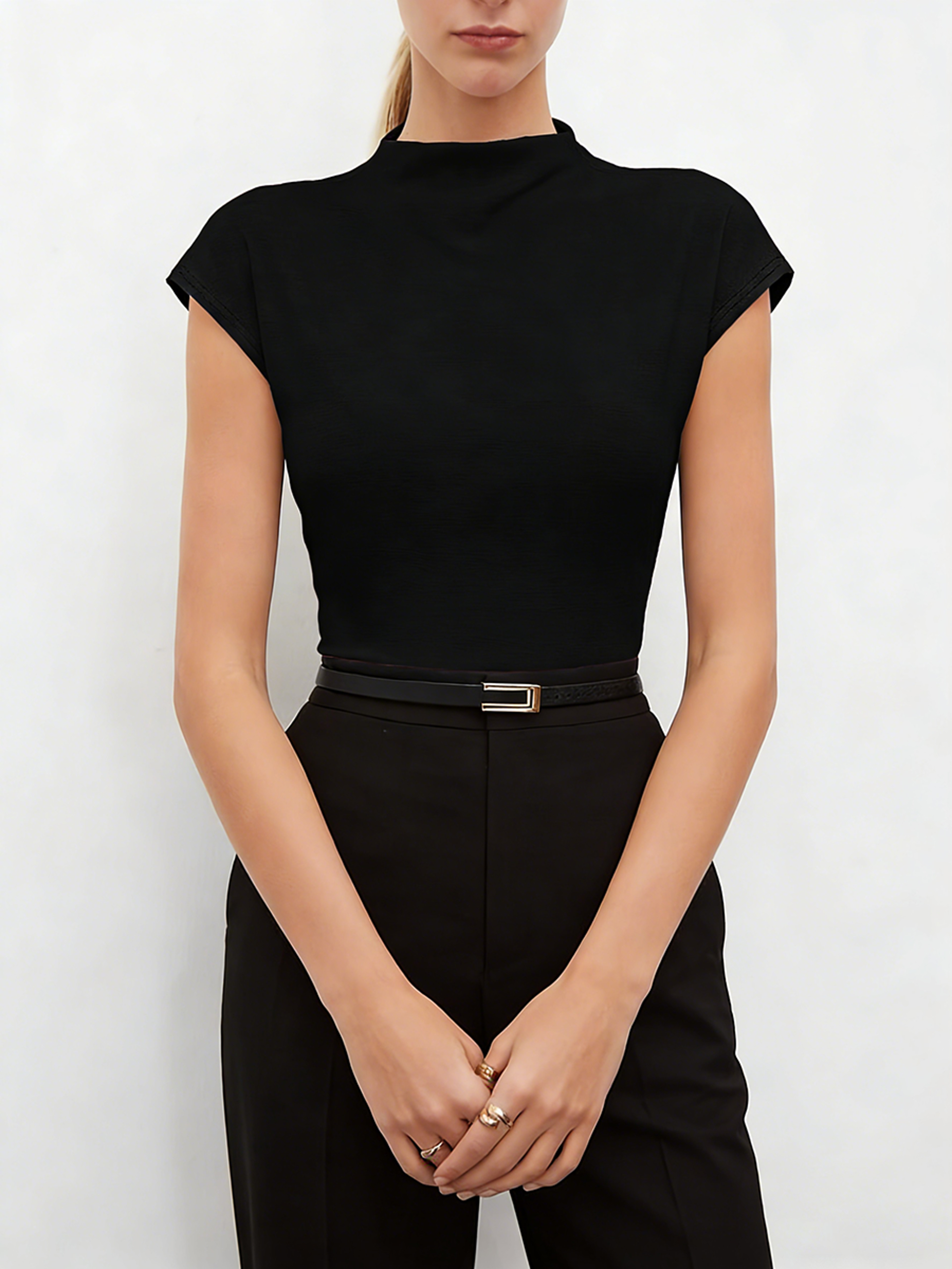 Minimalist High Neck Cap Sleeve Knit Fitted Blouse Women Elegant Lightweight Summer Top 0